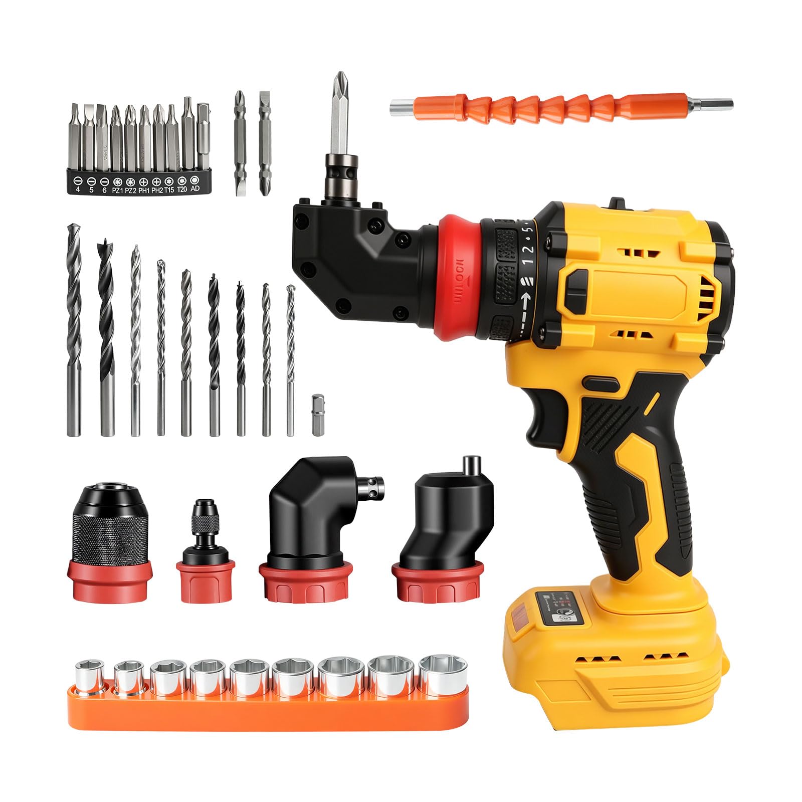 Wiertarko-wkrętarka akumulatorowa 4 w 1, kompatybilna z akumulatorem 20 V DEWALT, wkrętarka elektryczna 21 V-50 Nm, z 4 wymiennymi uchwytami szybkomocującymi i 21 ustawieniami momentu obrotowego (bez