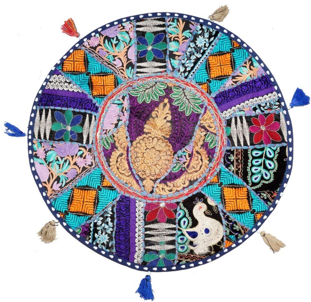 Sophia Art Round Floor Pillow Cushion Patchwork Pouf Ottoman Vintage Indian Foot Stool Bean Bag Floor Pillow Cover Home Decor Living Room Ottoman Bohemain Pillows (Blue, 16 Inch)