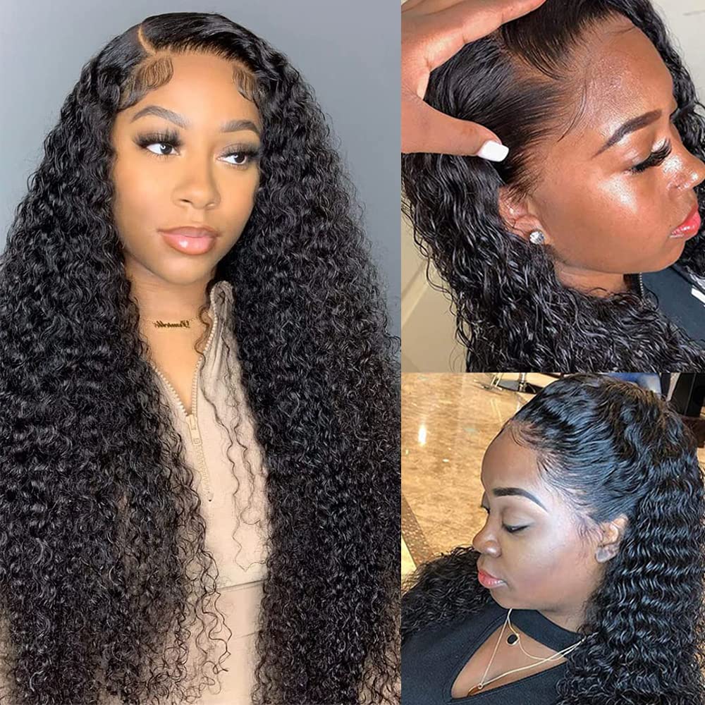 Long Water Wave Lace Closure Human Hair Wigs Deep Curly Wave Lace Front Wig (30 Inch )Brazilian HD Transparent Lace Wigs Pre Plucked with Baby Hair for Black Women 150% Density Natural Color