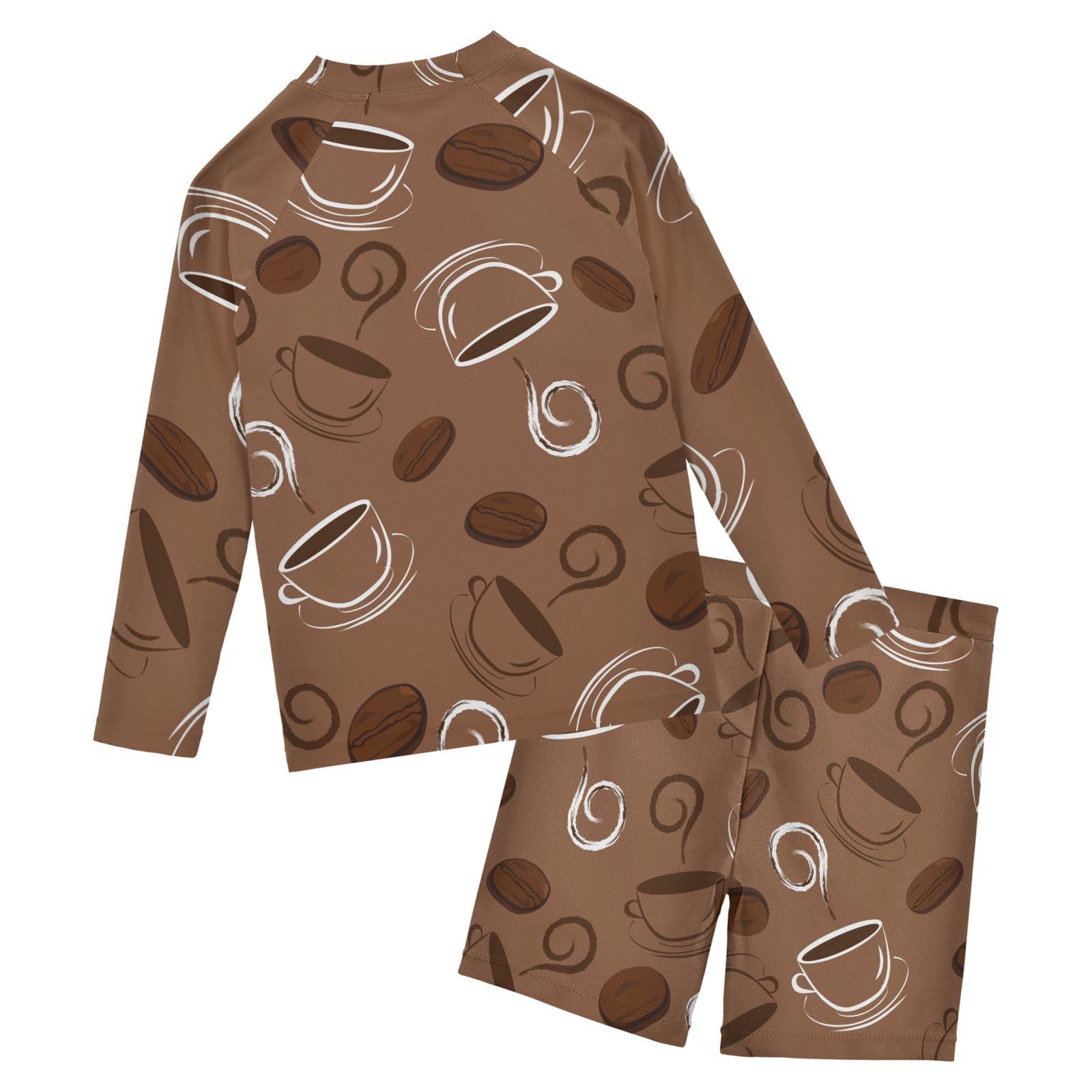 Aflyko Kids' Bathing Suit Set Latte Coffee Bean Tea Mug Long Sleeve Swim Tops with Shorts Summer Vacation Pool Party Rashguard Fun Cute Infant Beachwear, 4T