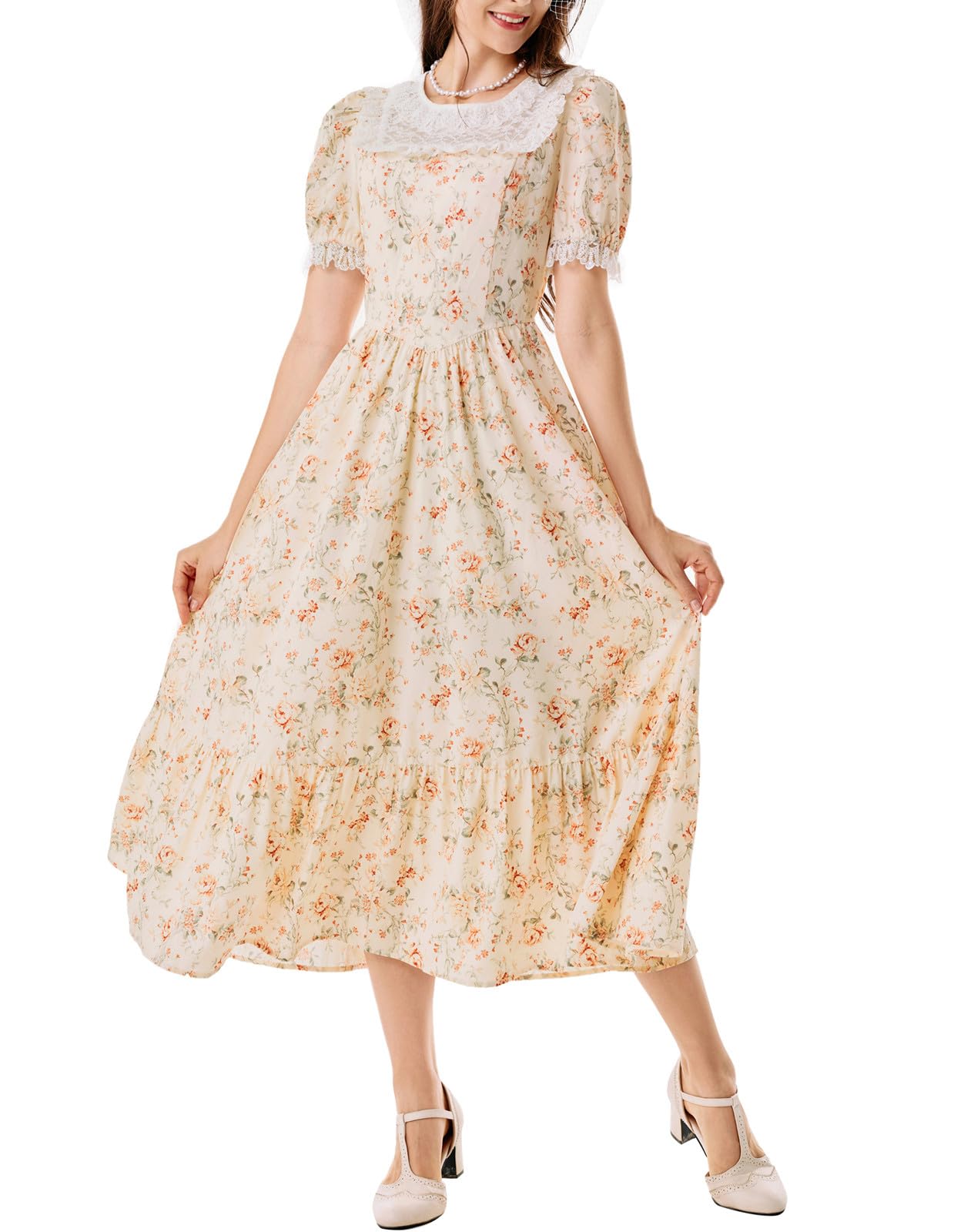 Cottagecore Dress Vintage Puff Sleeve Floral Victorian Dresses for Women Floral Yellow M