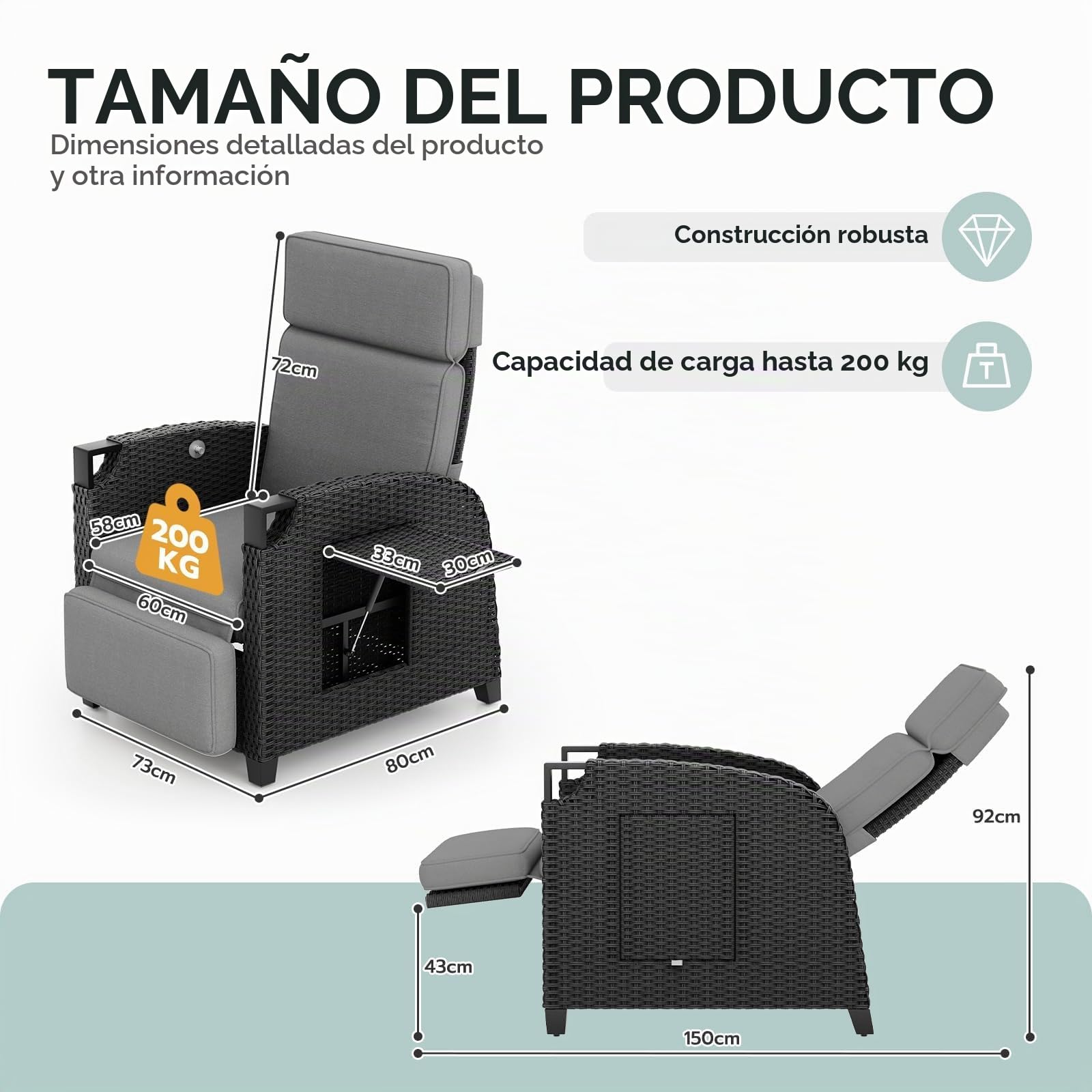 UDPATIO Sillón Ratán Jardin Exterior Reclinable, Tumbona de Jardín Ajustable 150°, con Respaldo Ajustable, Fundas + Extraíbles Cojines, Impermeable, para Interior y Exterior - Gris