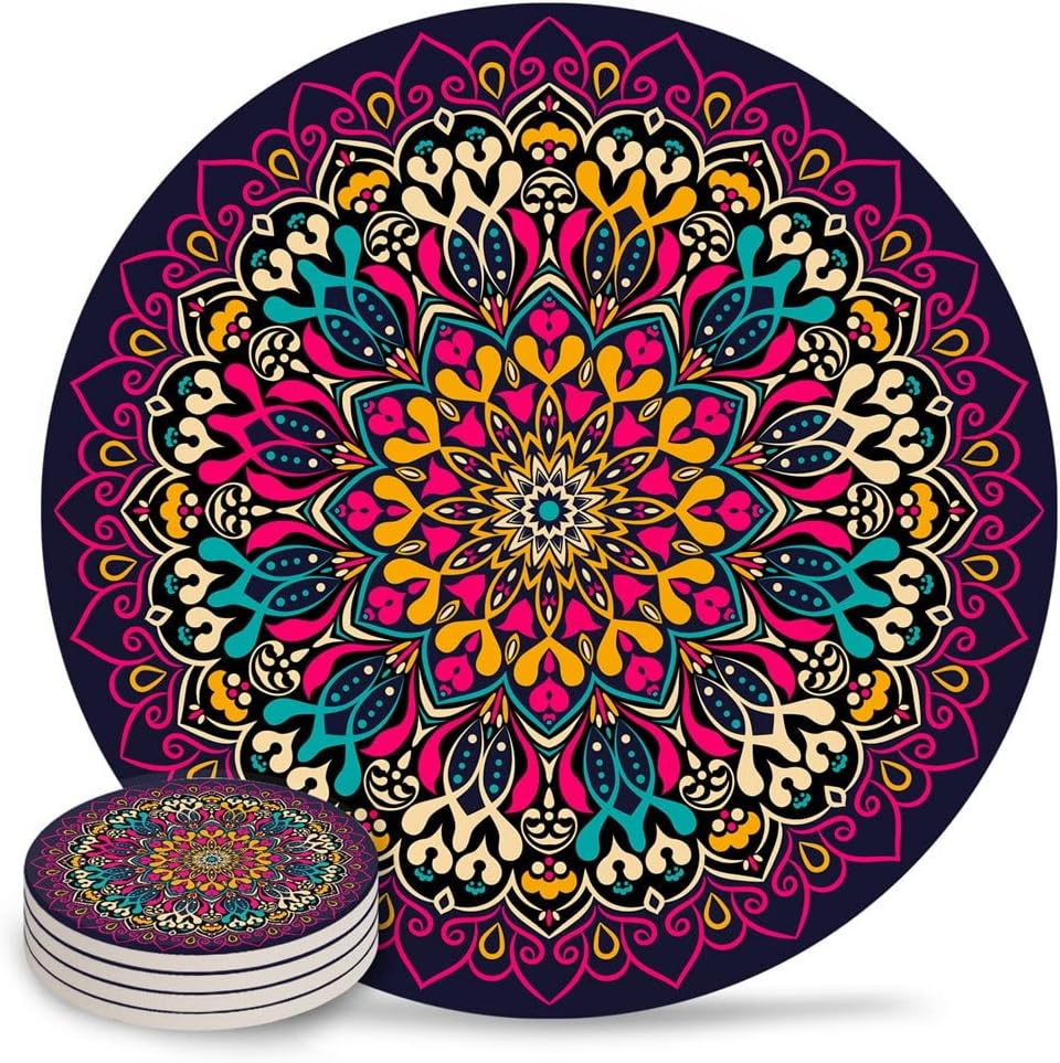 Bohemian Mandala Coasters Ceramic Set Round Absorbent Drink Coaster Coffee Tea Cup Placemats Table Mat(6pcs)