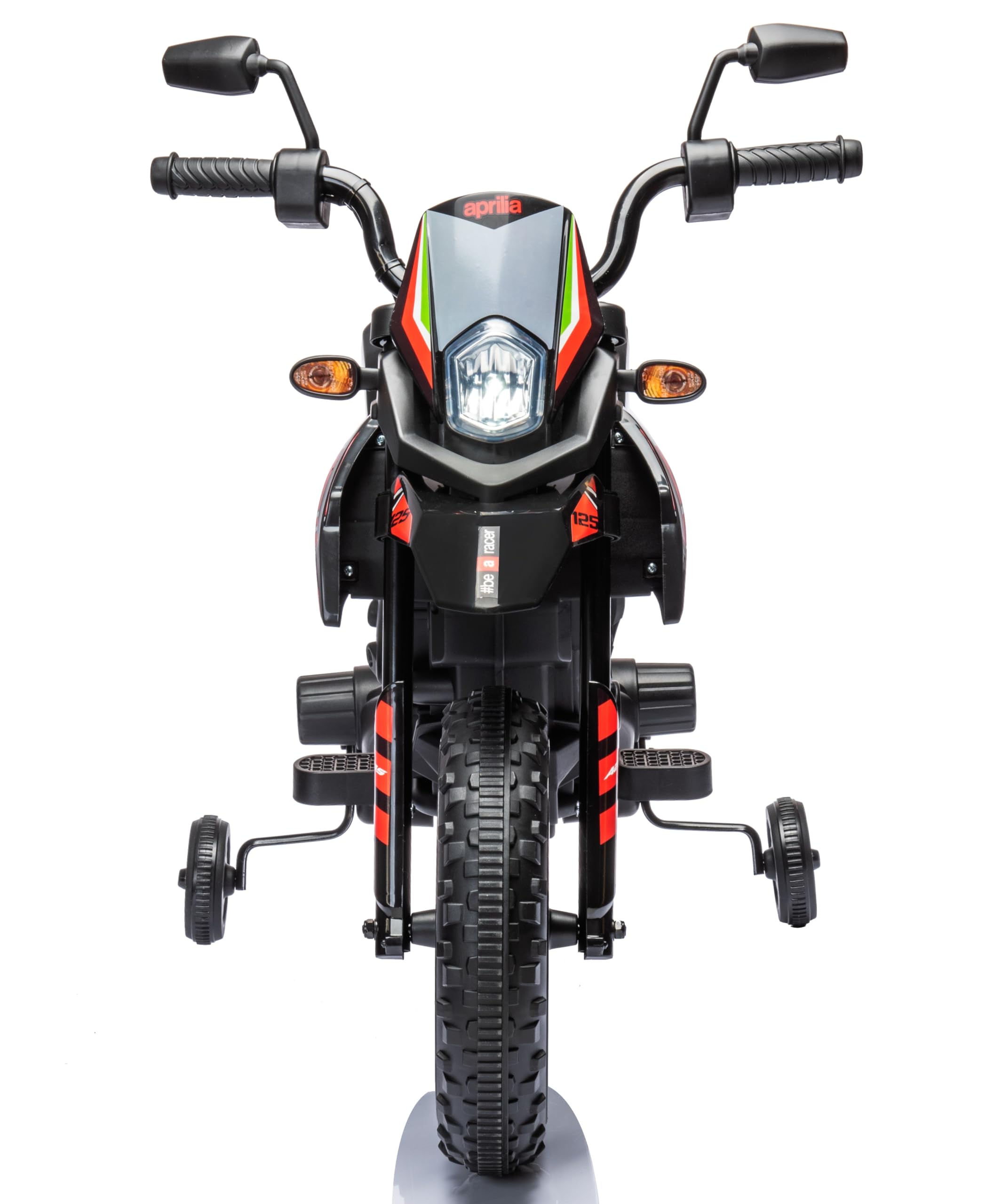 Moto Elettrica per bambini 12V Super Cross Aprilia RX125 con licenza ufficiale Moto da Cross con Ruote in Gomma Sedile in pelle Doppio Motore con Rotelle Luci e Suoni integrati (Rosso)