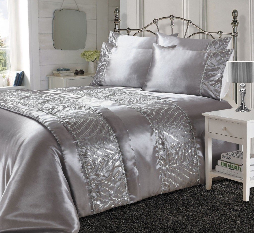 Goldstar Silver Goldstar® Crystal Shimmer Diamante Sequins Sparkle Duvet Quilt Cover Bedding Set, Double,