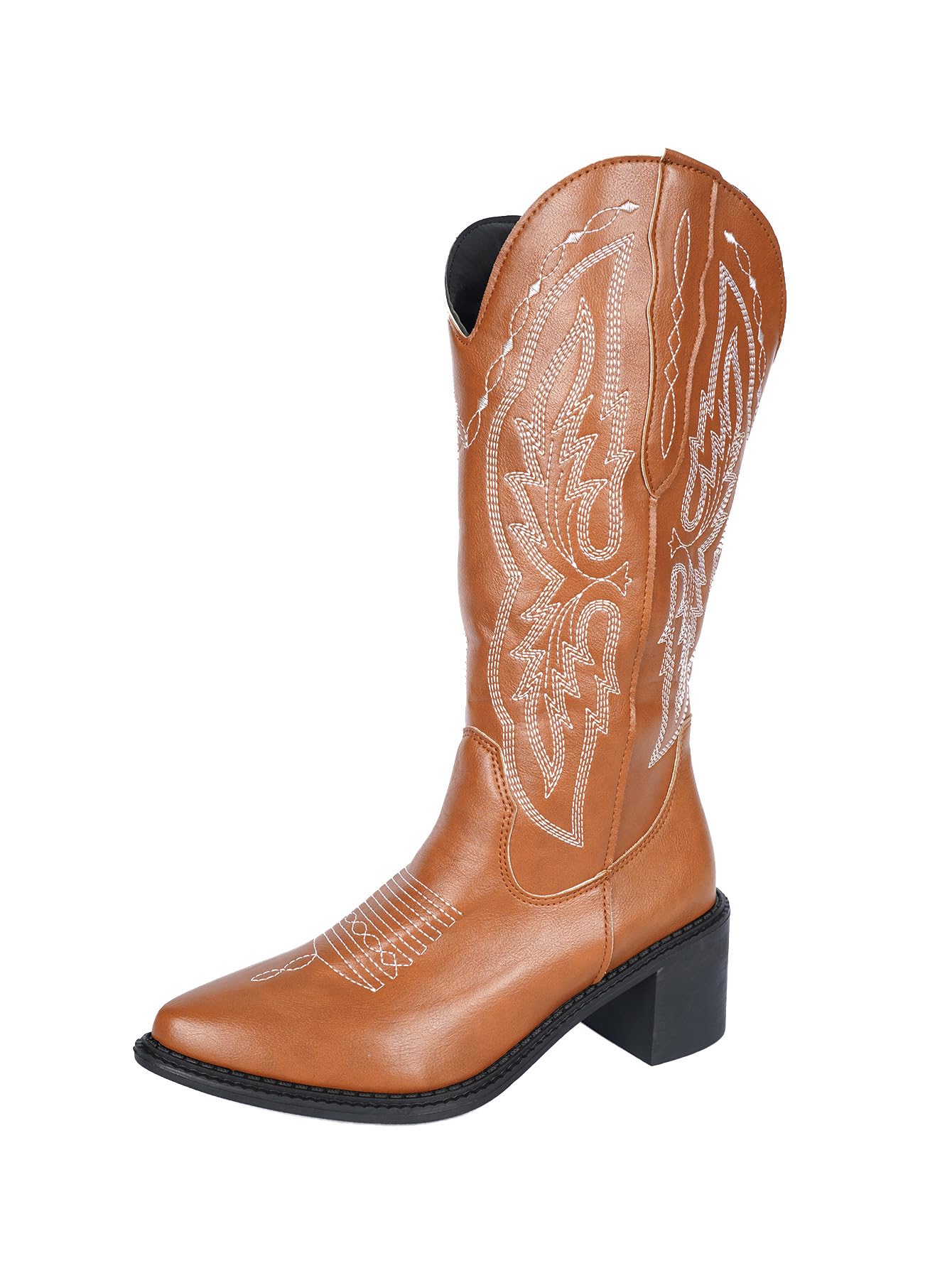 Mid Calf Cowboy Boots for Women Embroidered Western Pointed Toe Chunky Leather Cowgirl Boots