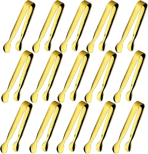 15 pinzas pequeñas para servir, pinzas de metal de acero inoxidable dorado, pinzas pequeñas de azúcar de 4.25 pulgadas, mini pinzas de cocina para