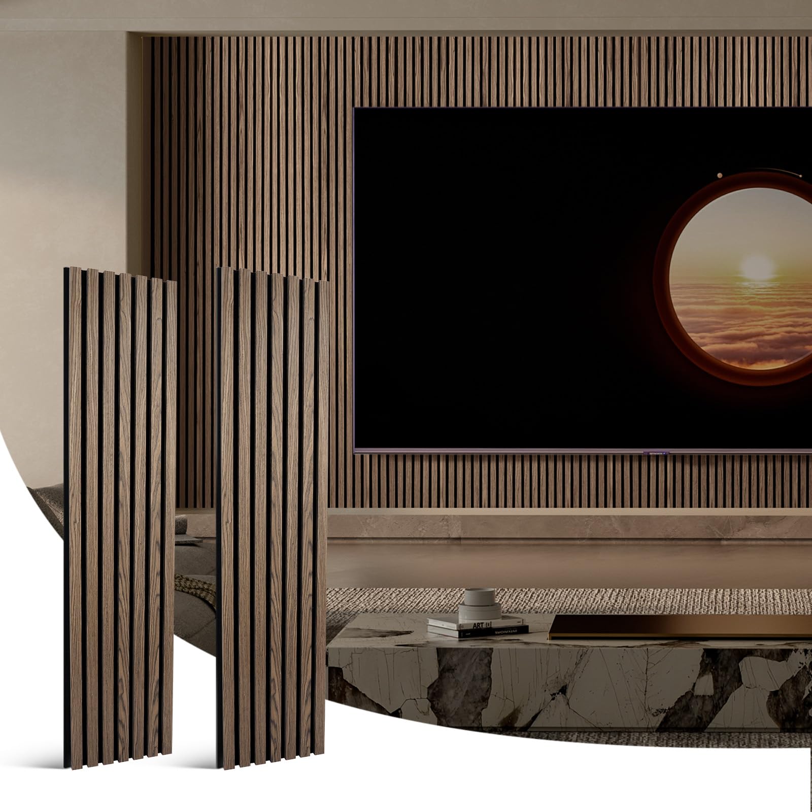 Wood Slat Acoustic Wall Panels – 2PC 47.24“x11.22” Sound Dampening Panels with Natural Wood Finish – 3D Fluted Decorative Interior Wall Panels for Home, Studio, Office (Walnut)