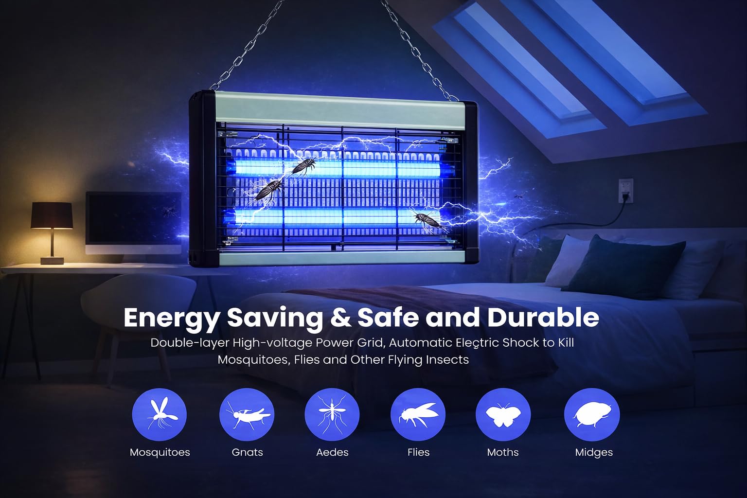 Lampada Antizanzare 8W LED UV – Ammazza Zanzare Elettrico e Antimosche con Vassoio Estraibile – Killer Insetti per Casa, Cucina, Balcone e Terrazza – Copertura fino a 40 m² (8, Watt)