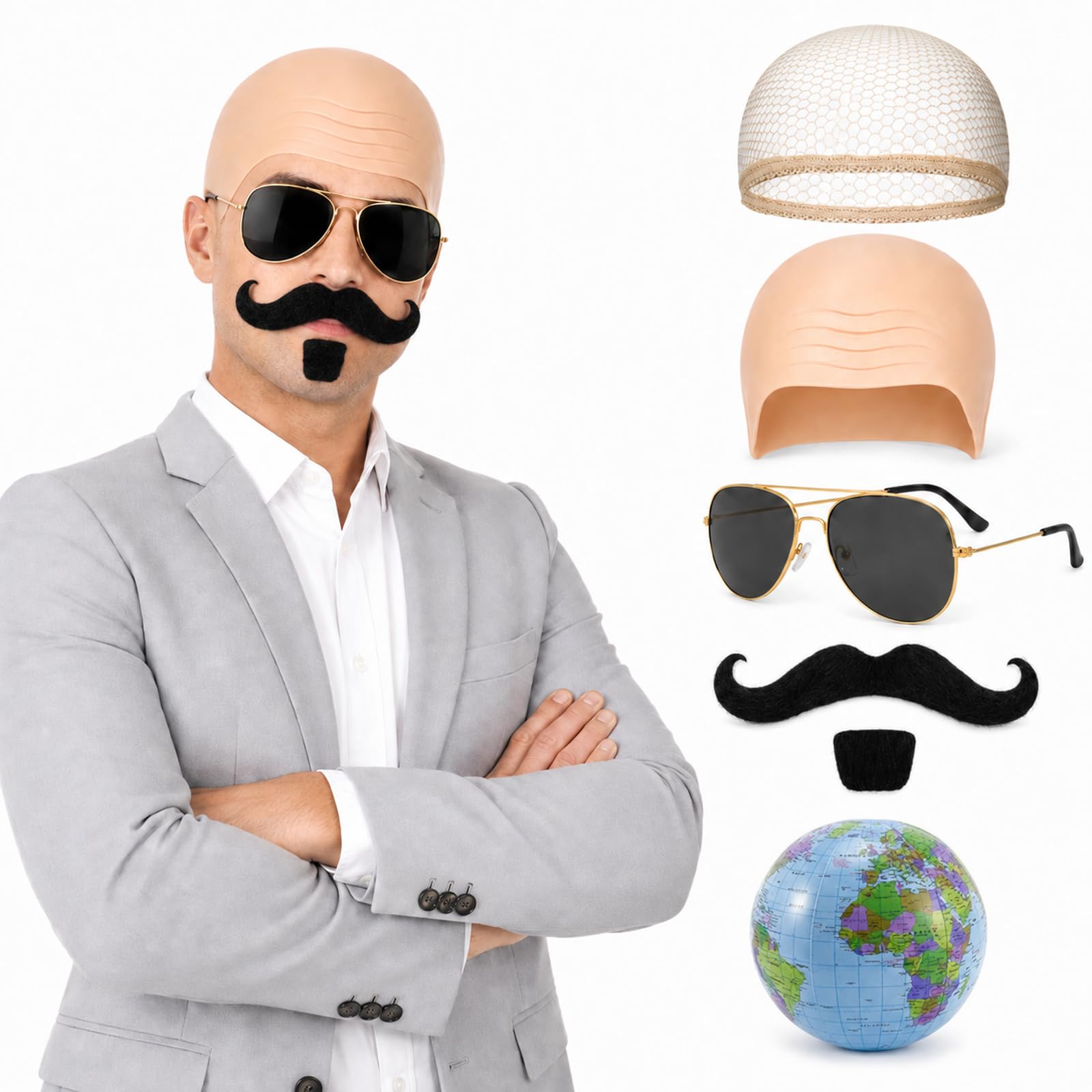 XLTXWD 6PCS Bald Cap, Bald Cap Costume, Set with Beard Glasses & Globe