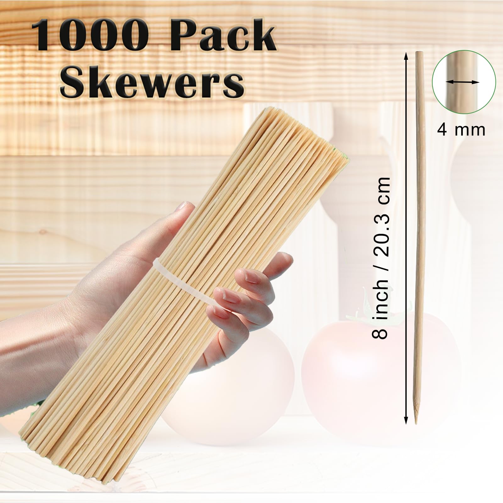 Nexboraque Confezione da 1000 spiedini di bambù da 20,3 cm, bastoncini di legno naturale da 4 mm, per grigliare artigianato, kebab, frutta, antipasti, cocktail, salsicce, fontana di cioccolato,