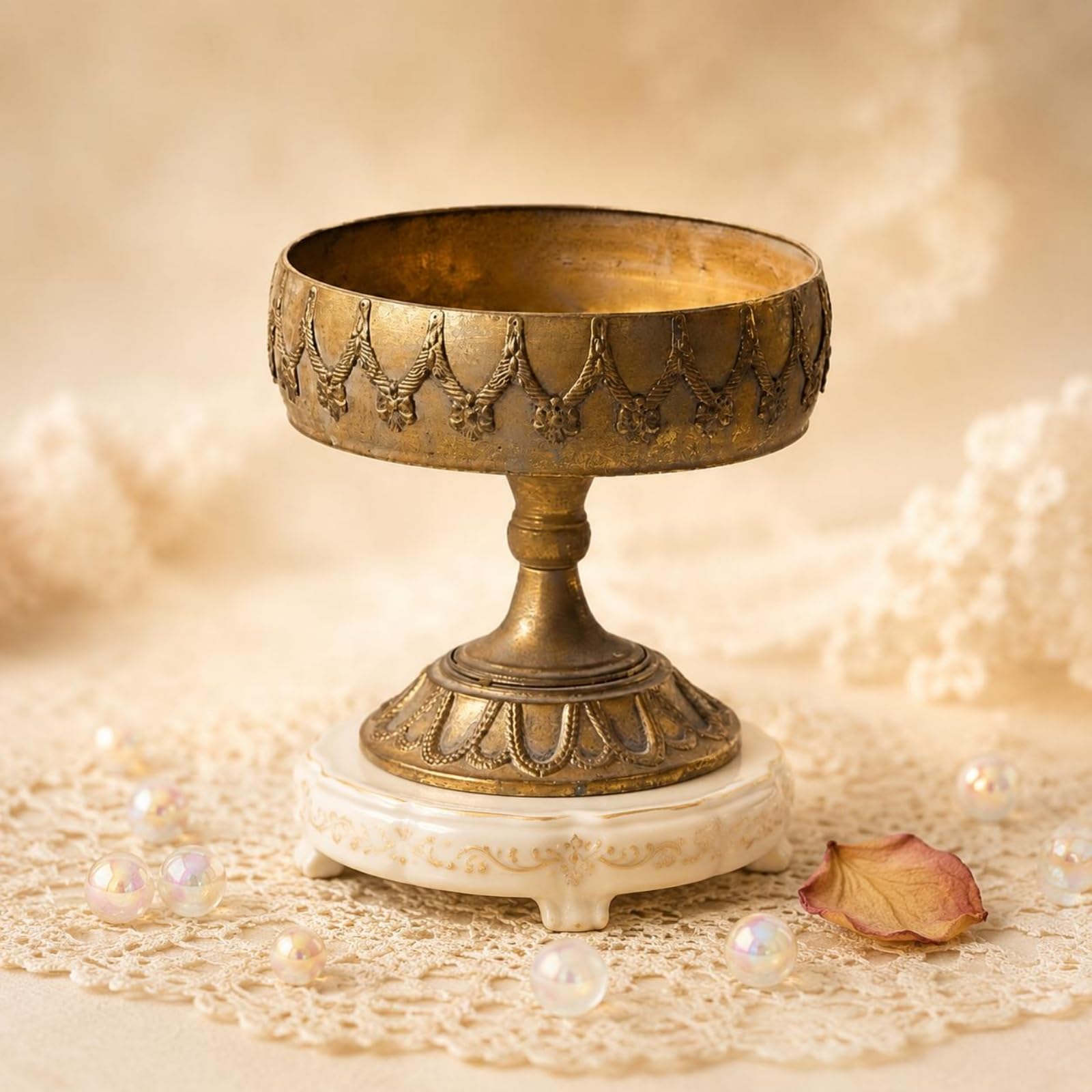 Dekorative Vase Eisen Sockelvase Schale Pokalvase Pedestalvase mit Flacher Schale Stielfuß Und Ornamentprofil Antik Bronziert für Blumenarrangements Solodekor Tisch Kommode Flur Regal
