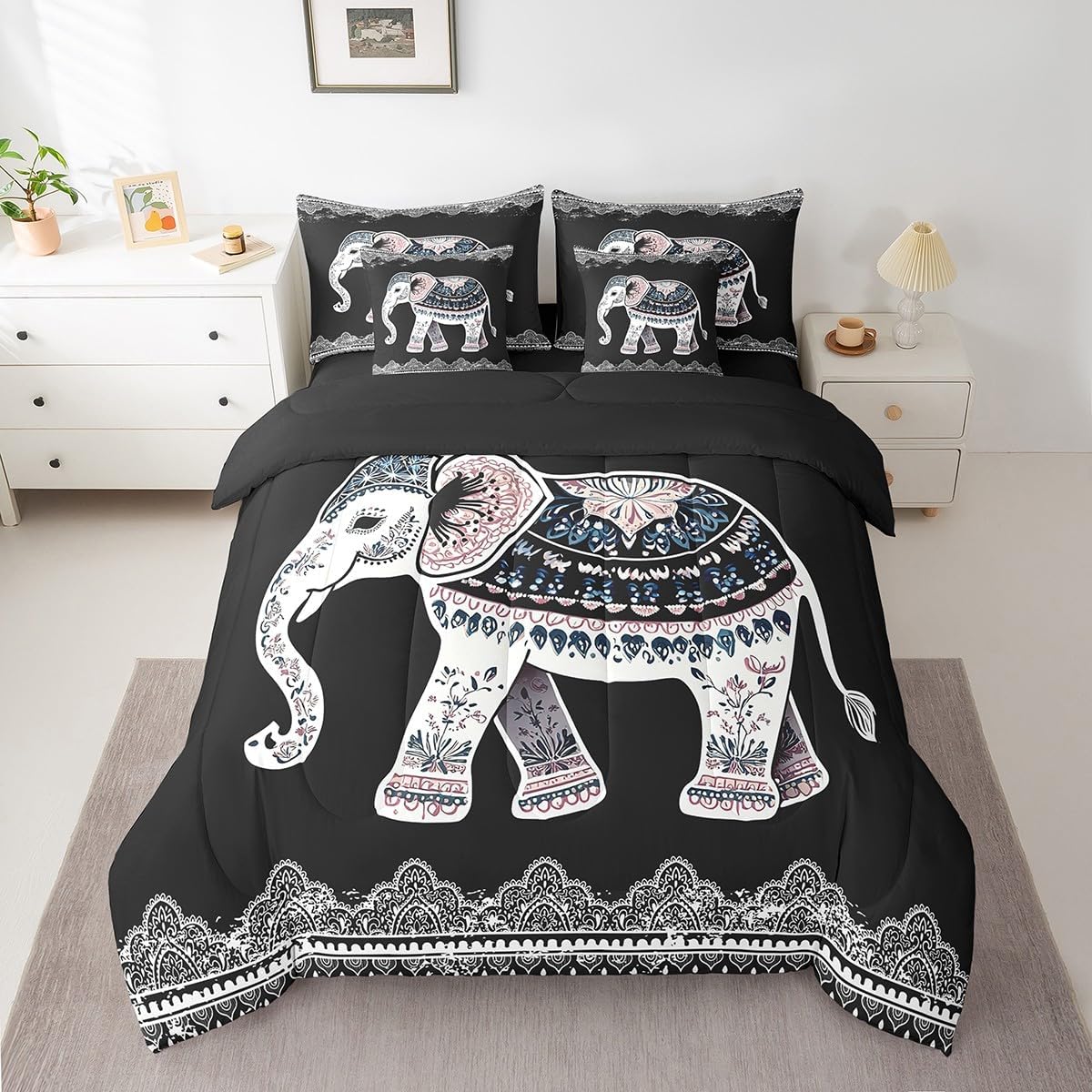 Erosebridal Exotic Elephant Bed in a Bag Queen Comforter Set 7 Piece,Bohemian Paisley Floral Bedding Sets Black and White Sheet Set with Comforter,Ethnic Tribal Wildlife Western Animals Bed Set
