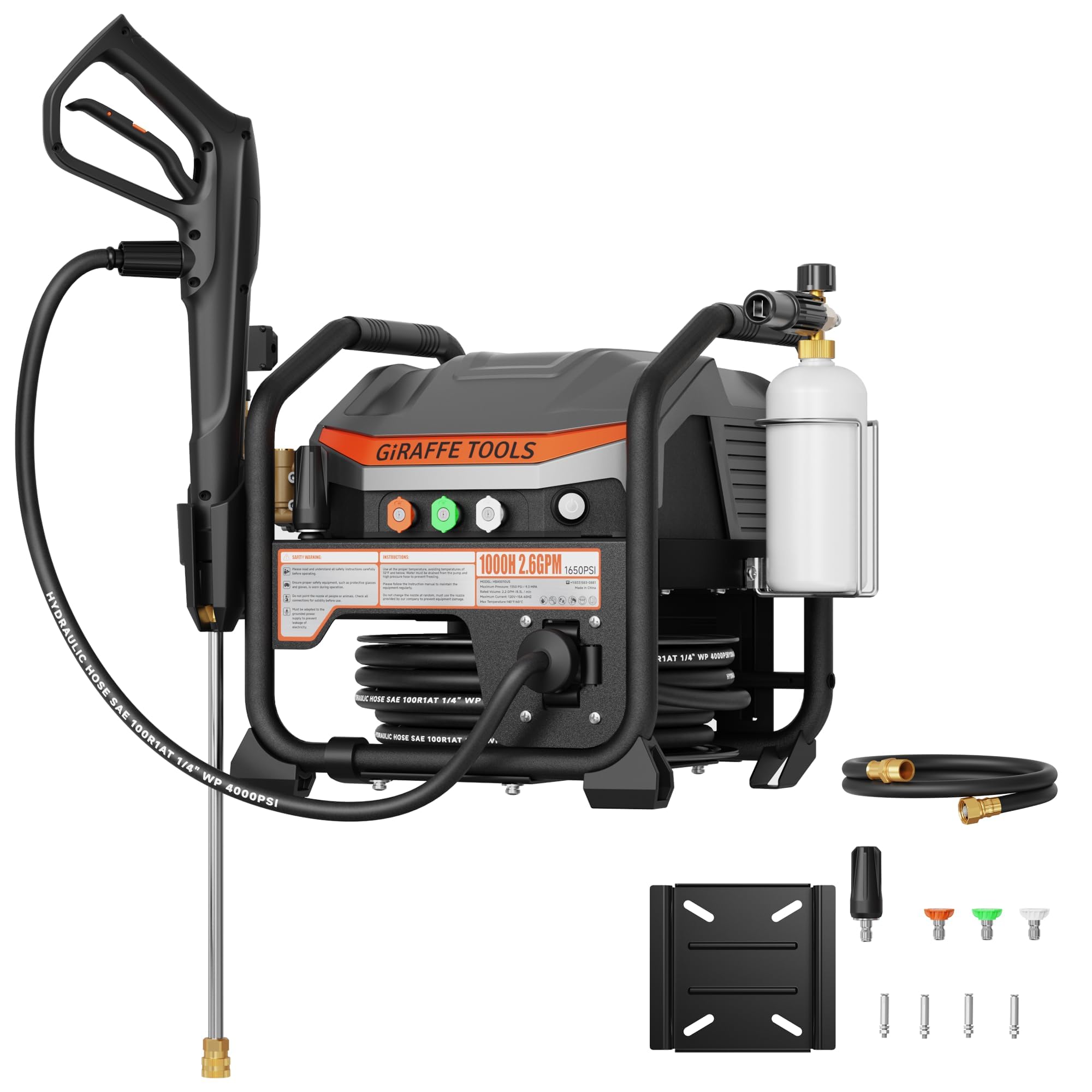 Giraffe Tools Grandfalls Pressure Washer, 1650 PSI 2.6 GPM, Electric Wall Mounted Power Washer with 50FT Hose Reel, 4 Nozzles, Foam Cannon, for Floor/Cars/Fences/Patios