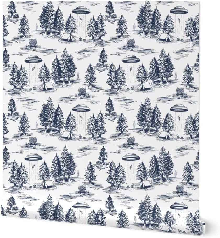 Removable Wallpaper 6ft x 2ft - UFO Toile Alien Small Scale Blue White Whimsical Space Custom Pre-Pasted Wallpaper by Spoonflower