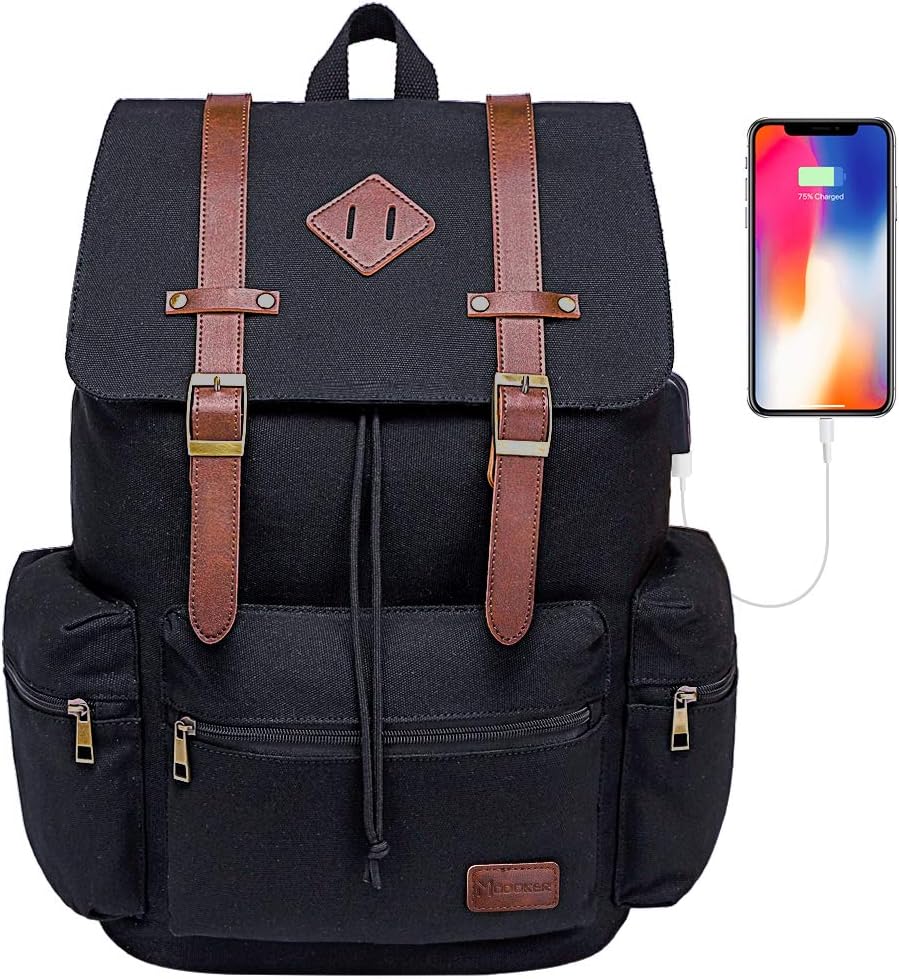 Modoker Eco-Friendly Mens Canvas Vintage Backpack for Men,Women, Travel Laptop Backpack Fits 17/15.6 Inch Computer & Tablet, Large Bookbag Rucksack Backpack with USB Charging Port, Black