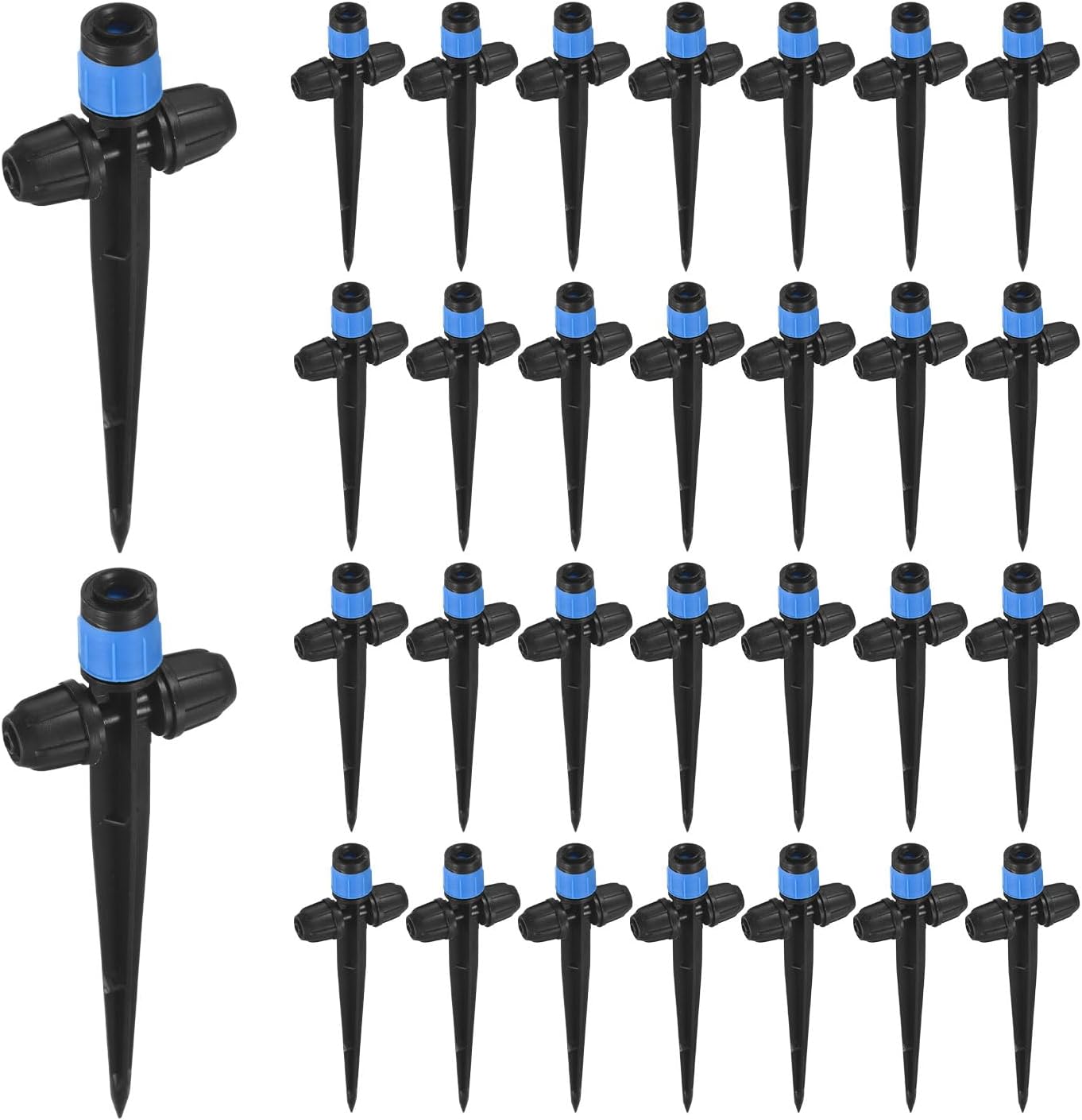 30-Pack Drip Irrigation Emitters Sprayers, Drippers on 5"/13mm Stake Adjustable 360 Degree Water Flow for 1/4" Drip Irrigation Tubing for Watering System [Blue, Sprayer]