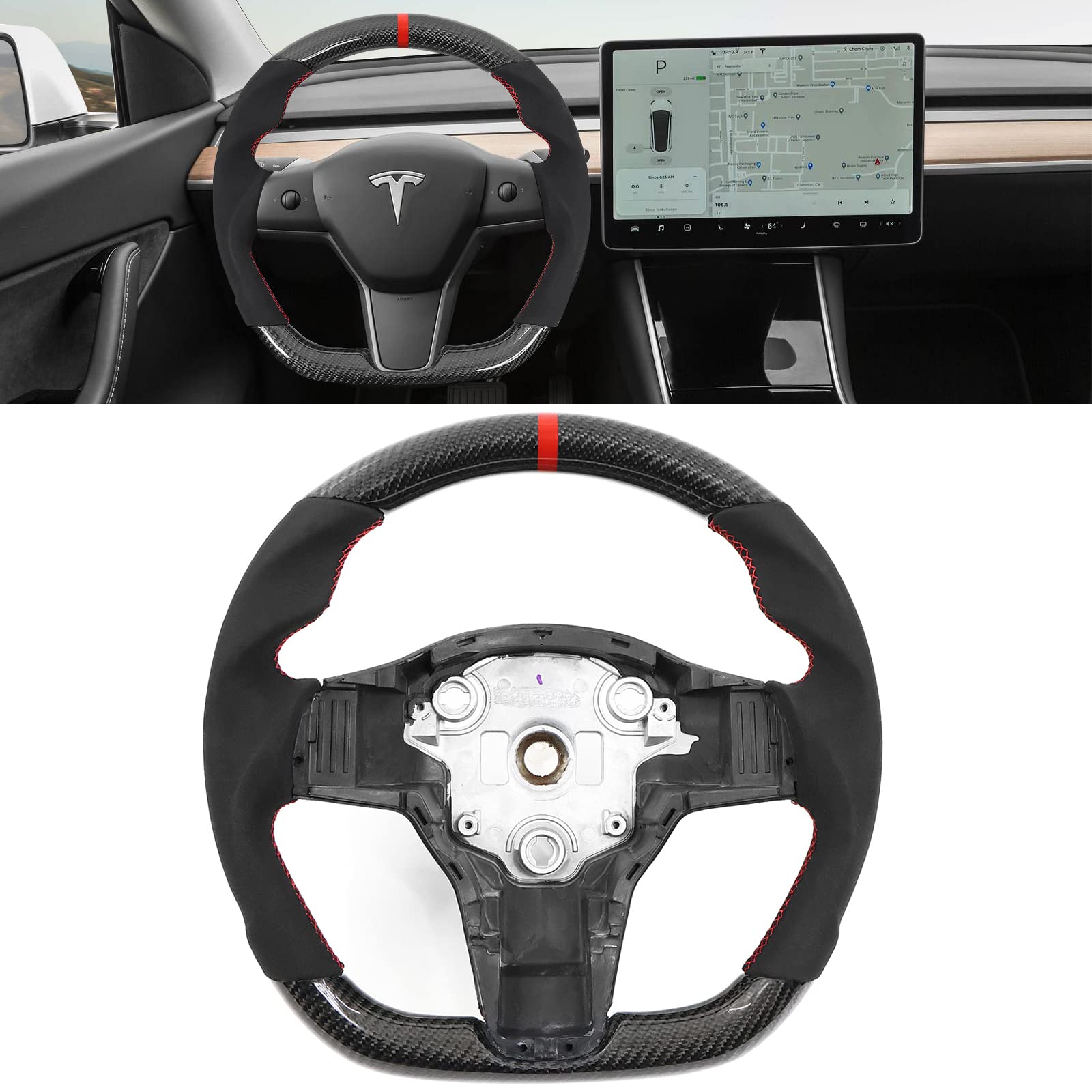 IKON MOTORSPORTS, Steering Wheel Compatible with 2017-2023 Tesla Model 3, 2020-2023 Tesla Model Y, Carbon Fiber + Synthetic Suede With Red Stitch & Indicator Steering Wheel Brushed Kit