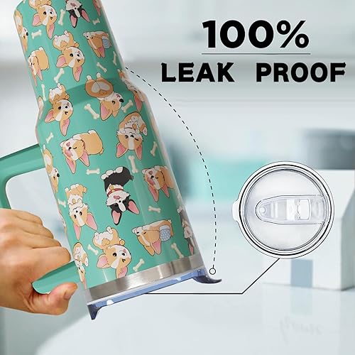 Miniatura 4 de Vaso de 40 onzas con asa y pajita, botella de agua Corgi Stuff de acero inoxidable con aislamiento de Corgi, taza de viaje de café Corgi, regalos