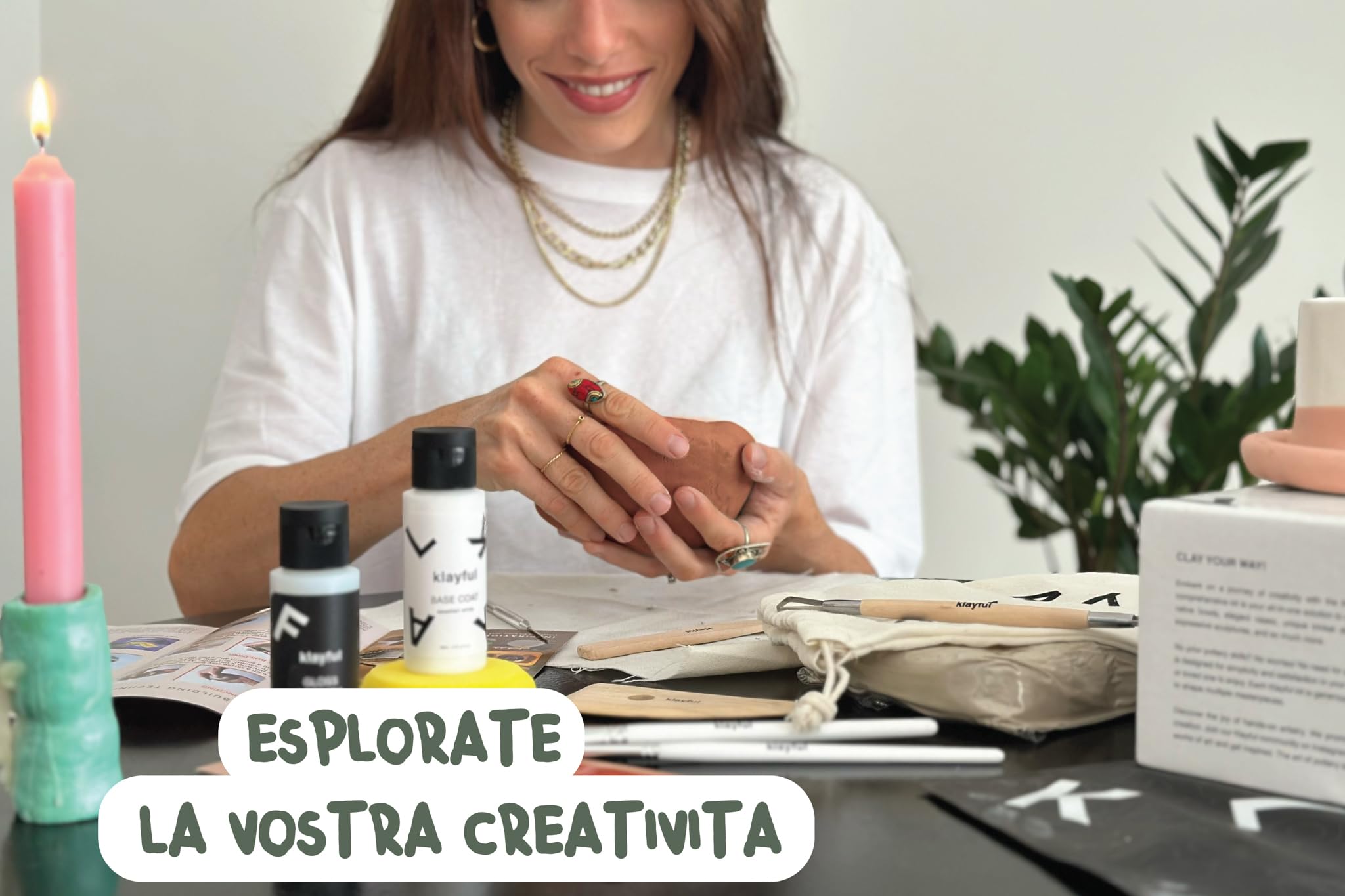 KLAYFUL- Kit Argilla Terracota Senza Cottura 1,5kg per Principianti – Kit Ceramica Fai da Te | Strumenti, Colori Pastello, Pennelli, Smalto, Guida Passo a Passo
