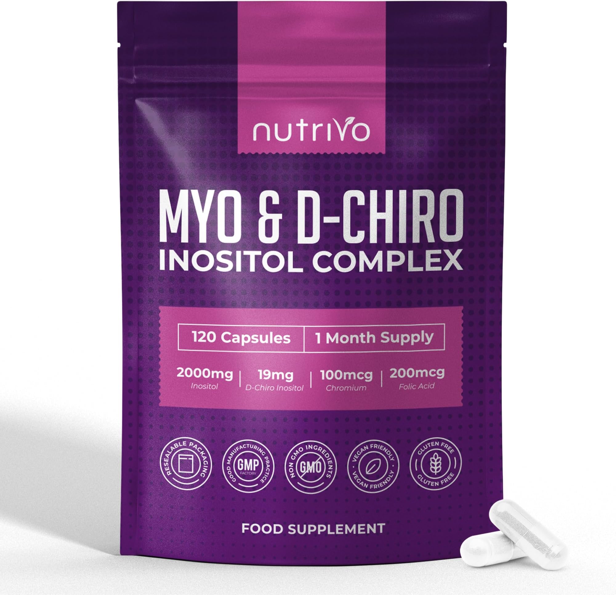 Myo Inositol & D Chiro Inositol - 120 Capsules | PCOS Supplement Supports Fertility, Weight Loss & Hormone Balance | Inositol 2000mg, Folic Acid, Chromium | Alternative to Tablets