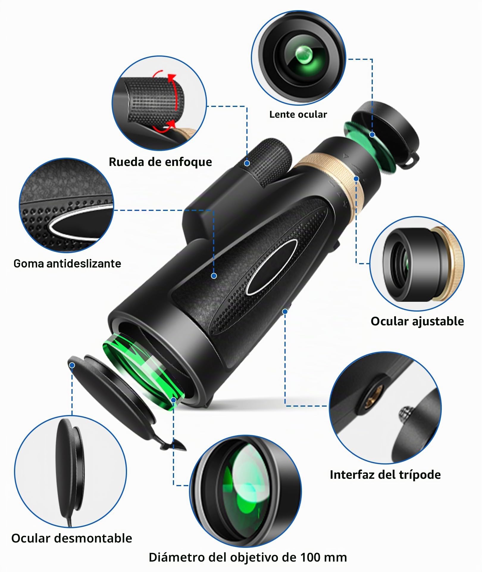 Telescopio monocular de alta potencia 80 x 100 con adaptador de smartphone, trípode y prisma BAK4, adecuado para observación de aves