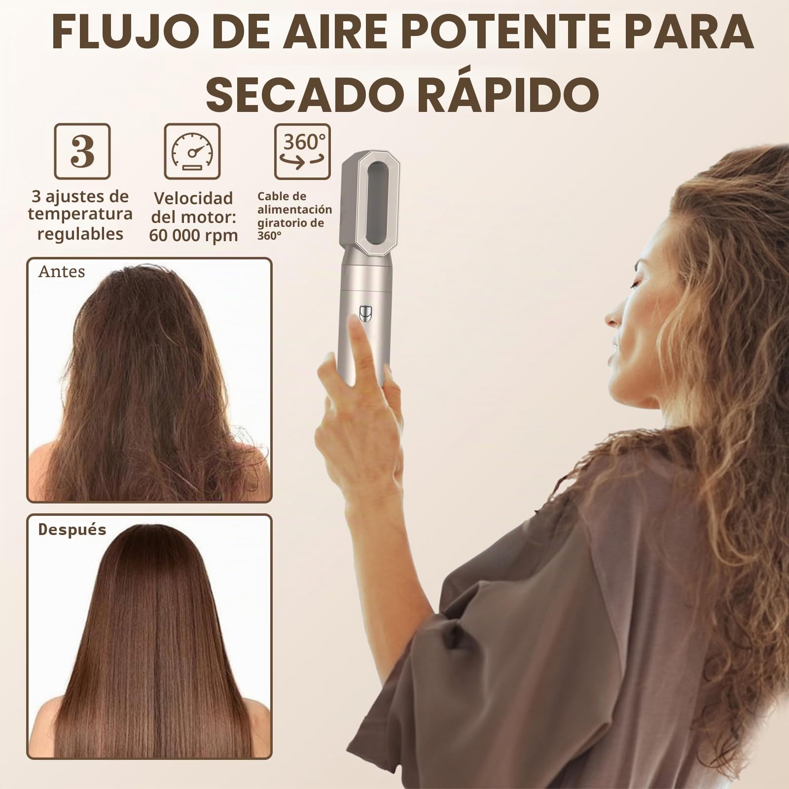 Cepillo Secador de Pelo 6 en 1, 1400W Cepillo De Aire Caliente Multifunción, Moldeador Pelo With Riza 3 Temperaturas, Tecnología Ion, Cepillo Alisador para Da Volumen, Alisa y Seca