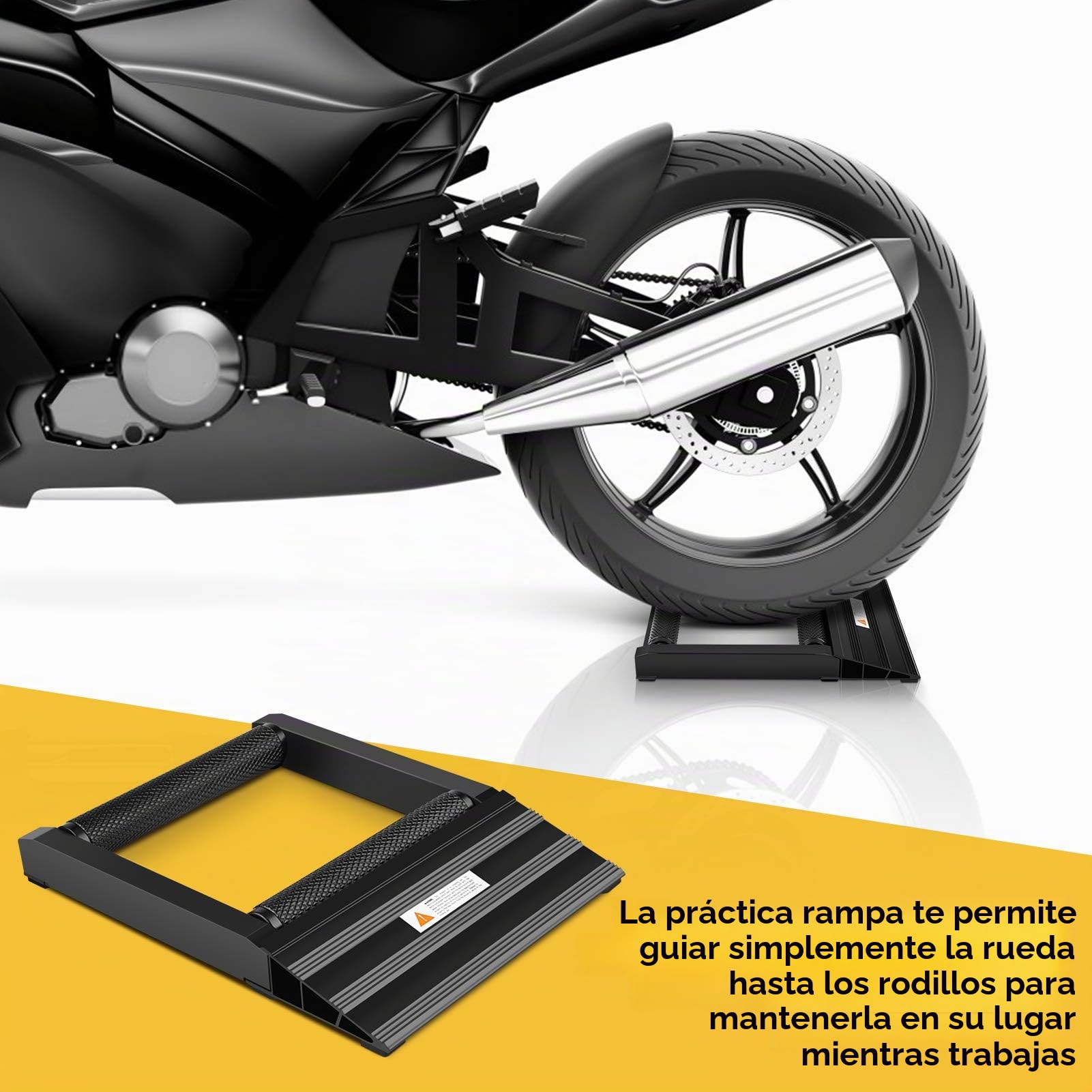 Soporte de Limpieza para Moto de Aluminio con Rampa, 500 lbs | Rodillo giratorio para taller, lubricación de cadena, construcción de metal resistente, soporte plegable portátil, mante