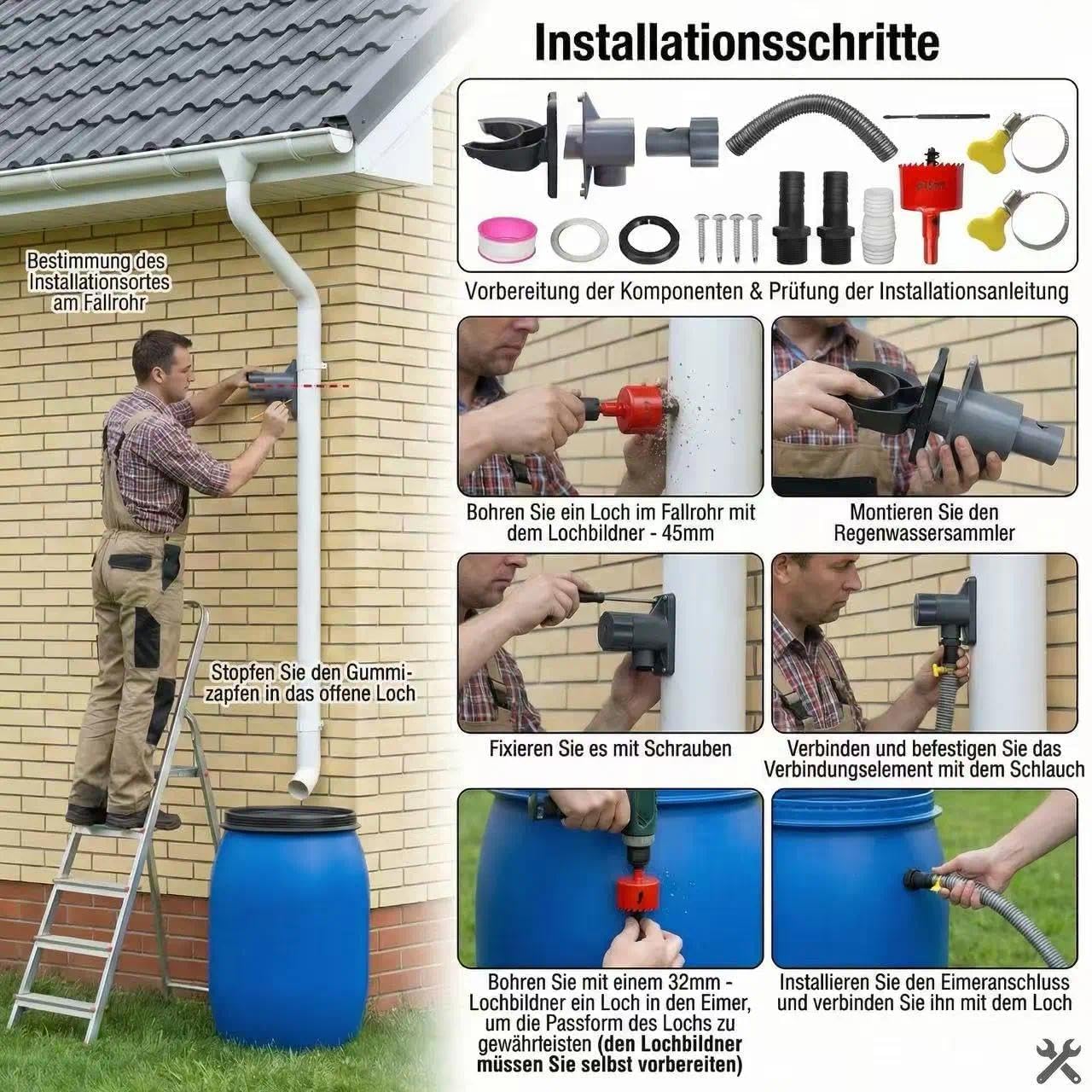 Regensammler für Fallrohre 70-110mm, Regenwassersammler mit Montagezubehör und 100cm Schlauch, Regentonnen Anschluss Fallrohr, Fallrohr Regenwassersammler Set für Dachflächen bis 80 m²