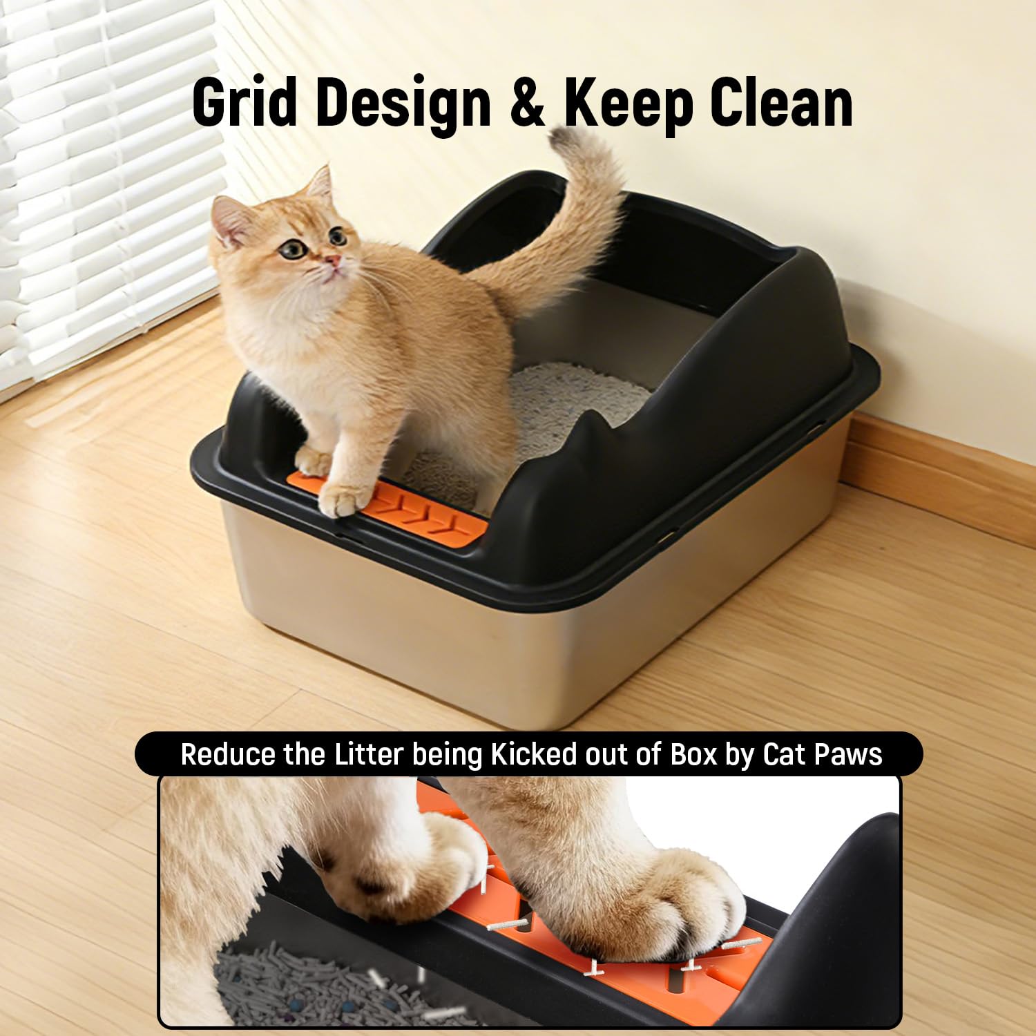 Bac Litière pour Chat en INOX, Maison de Toilette Chat avec Pelle et Tapis Litière, Bord Haut, Anti-Fuite, Amovibles, Facile à Nettoyer, pour Chats Adultes, Chatons, Lapins