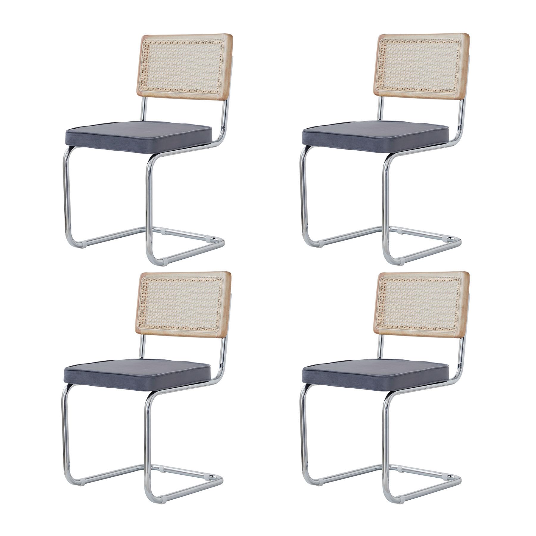 Pack 4 Sillas de Comedor Estilo Nórdico Silla Escandinava; Sillas de Cocina Modernas con Respaldo de Madera Maciza de Ratán y Asiento Tapizado (Gris holandés Terciopelo)