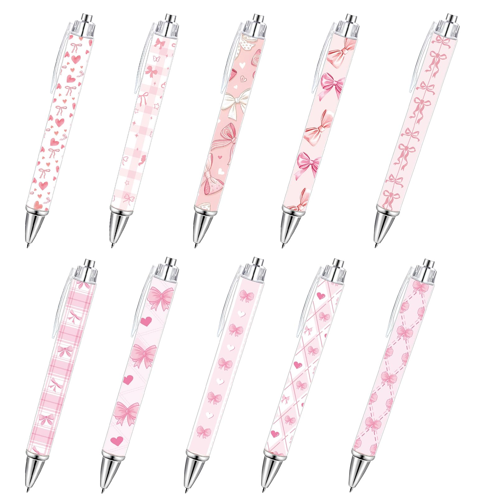 10Pcs Pink Bow Pens, Plastic Ballpoint Pens with Black Ink, Cute Push-button Ball Point Pen with Smooth-writing, Pink Stationery Gift Sets for Women, Girls and Classmates
