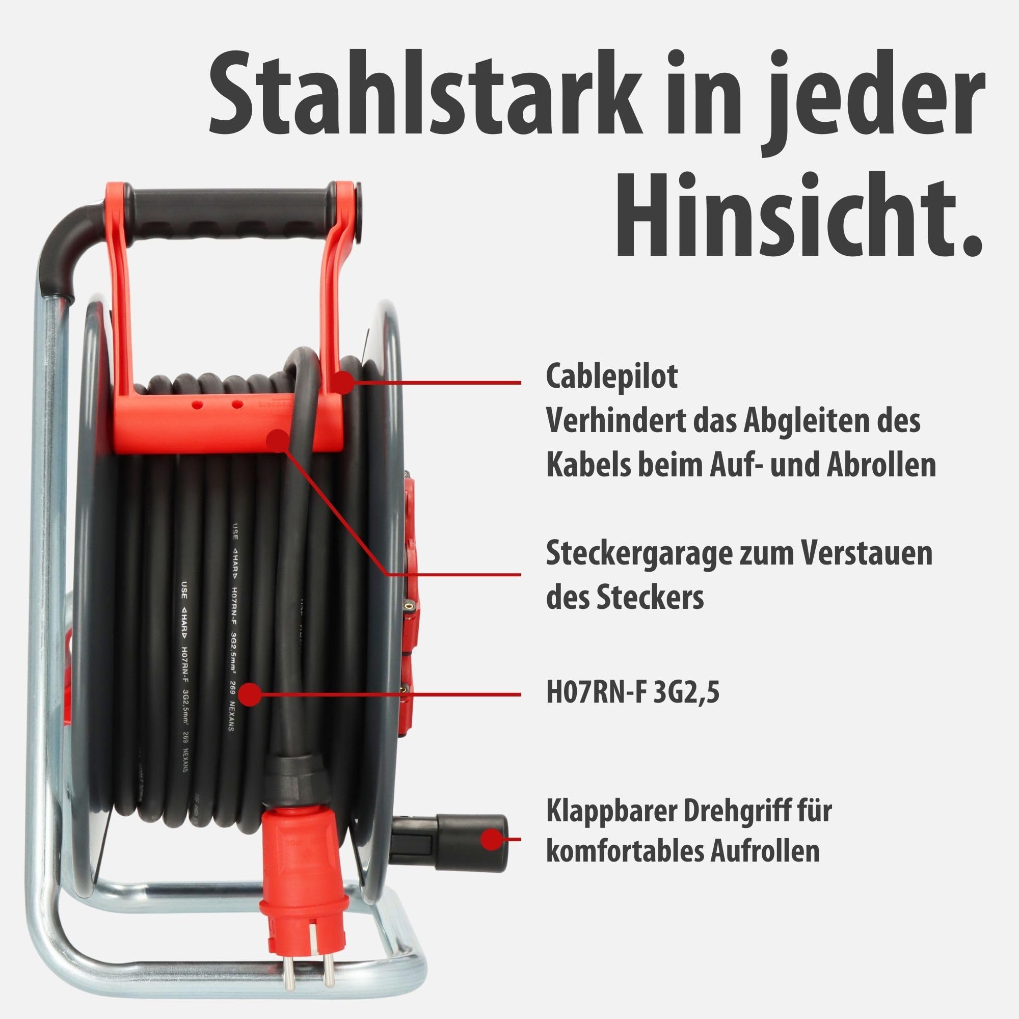 Brennenstuhl Professional SteelCore Kabeltrommel SC 2200 IP44 (25m H07RN-F 3G2,5, Trommelkörper aus Stahlblech, Baustelleneinsatz und ständiger Einsatz im Freien, Made in Germany)