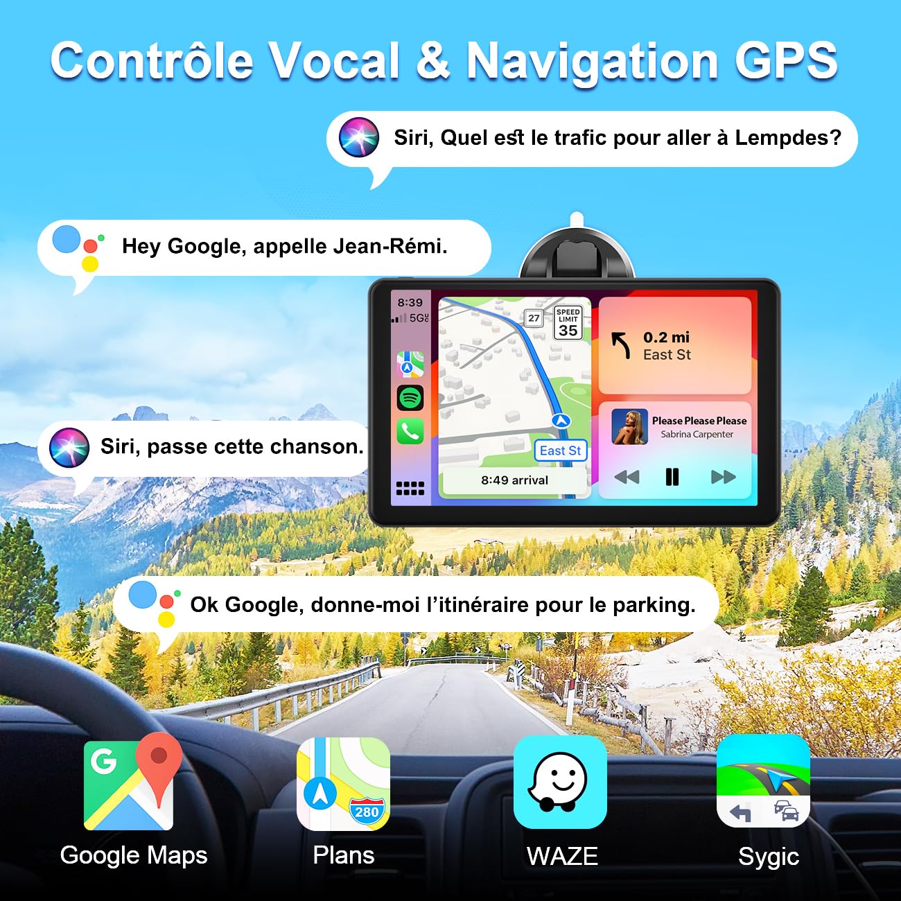 9 Pouces Écran Voiture avec Caméra de Recul, CarPlay sans Fil Android Auto | Portable Autoradio de Voiture avec Commande Vocale, Navigation GPS, FM, MirrorLink, Bluetooth Appels avec Mains Libres, AUX