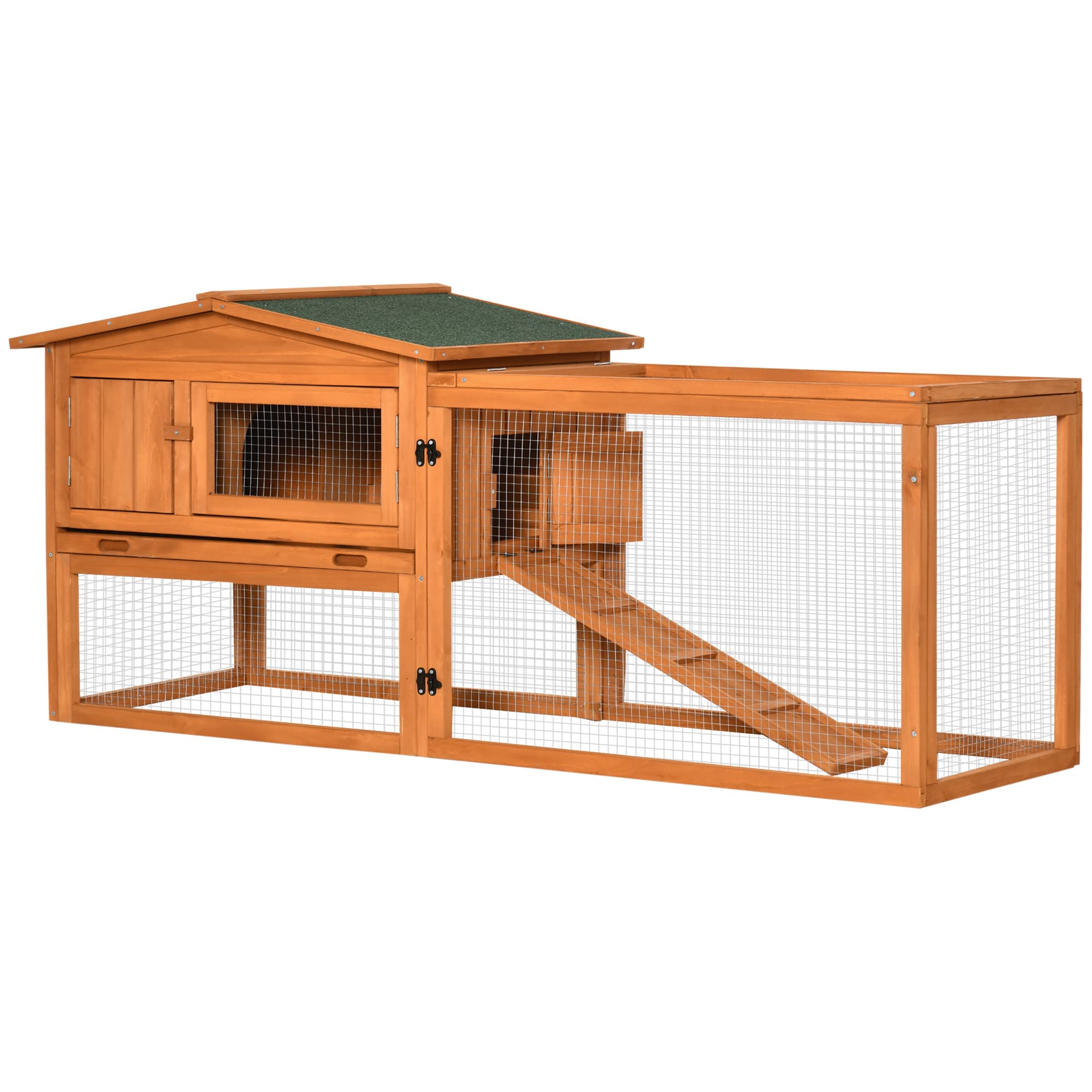 PawHut Conejera de Madera Exterior Jaula para Conejos de 2 Niveles 156x58x68 cm con Techo Asfáltico 2 Corrales de Metal Bandeja Extraíble 2 Puertas Ventana y Rampa Natural