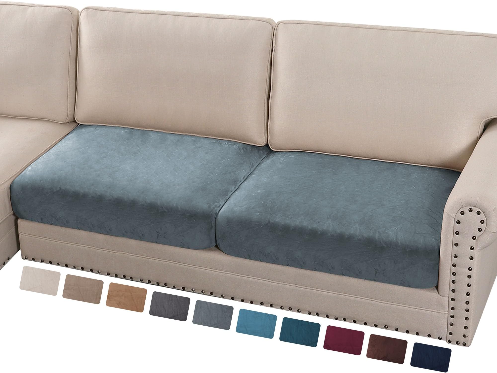 PrinceDeco Velvet Couch Cushion Cover Soft Stretch Cushion Slipcover for Chair Loveseat Sofa Cushion Furniture Protector Seat Cushion Sofa Cover Each Width Up to 40", Stone Blue