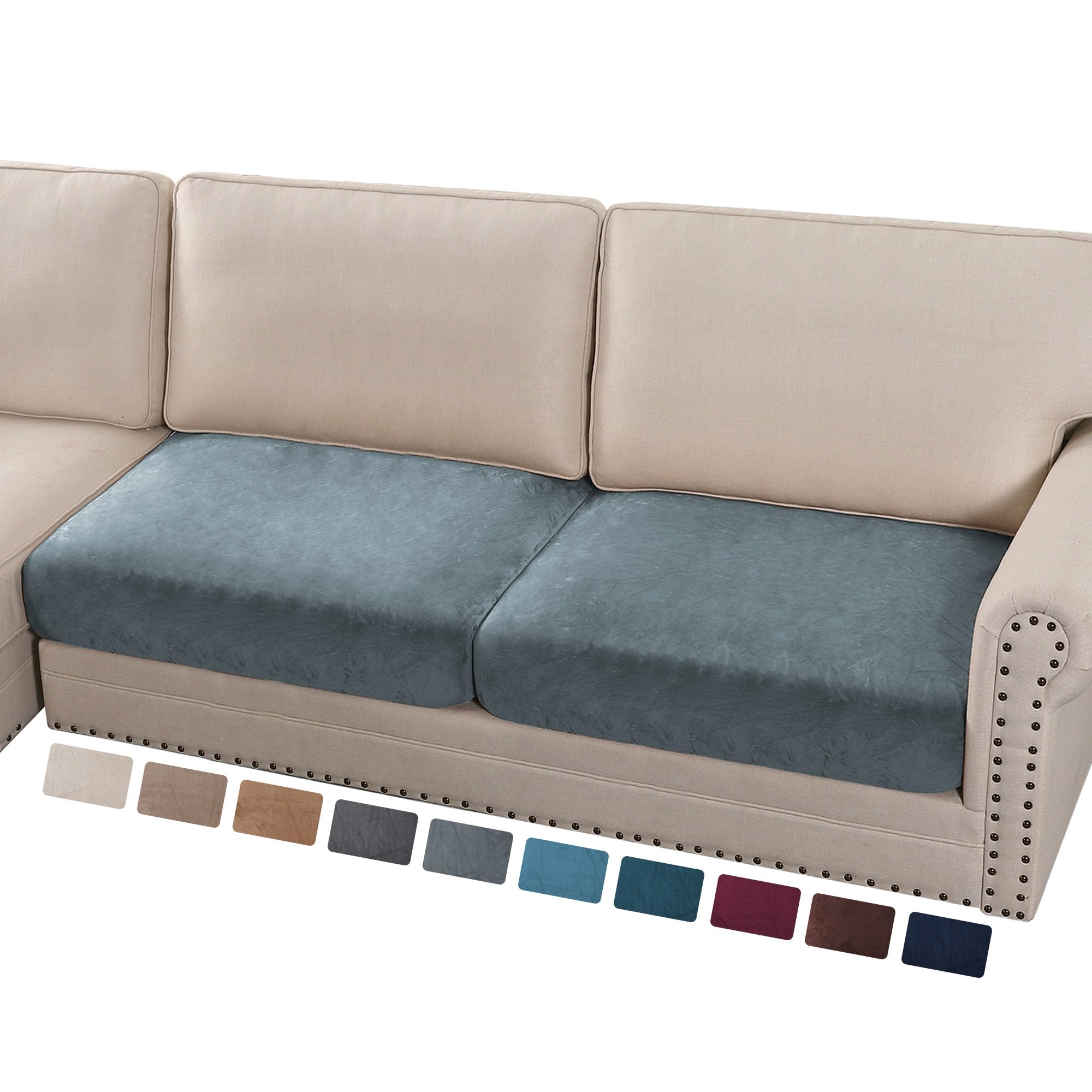 PrinceDeco Velvet Couch Cushion Cover Soft Stretch Cushion Slipcover for Chair Loveseat Sofa Cushion Furniture Protector Seat Cushion Sofa Cover (2 Piece Large Sofa Cushion Covers, Stone Blue)