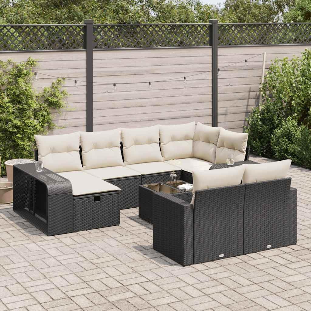 Juego de sofá modular de ratán sintético para jardín con espacio de almacenamiento y fundas de almohada extraíbles, 11 piezas, color negro