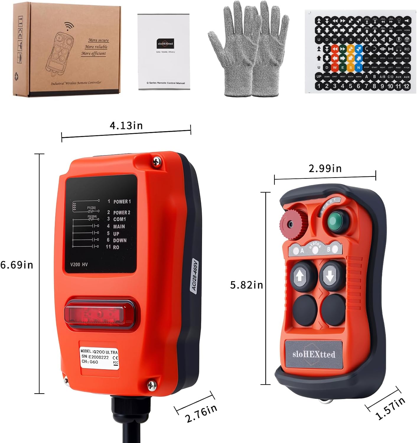Included components: transmitter, receiver, button stickers, fasteners, gloves