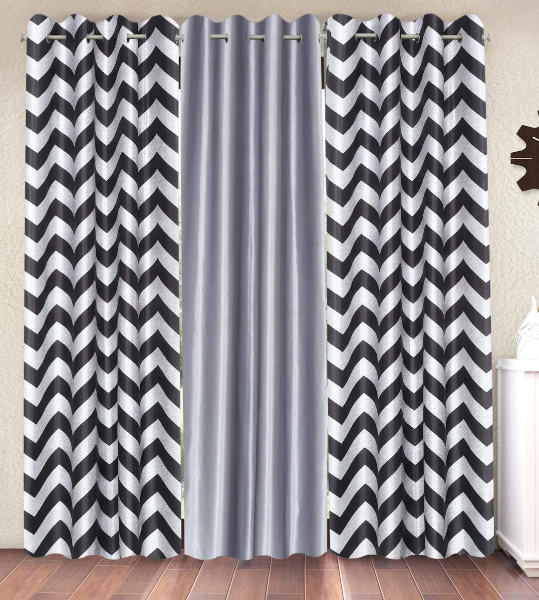 Home Sizzler 3 Pieces Zigzag Eyelet Polyester Door Curtains - 7 Feet, Grey-image-18