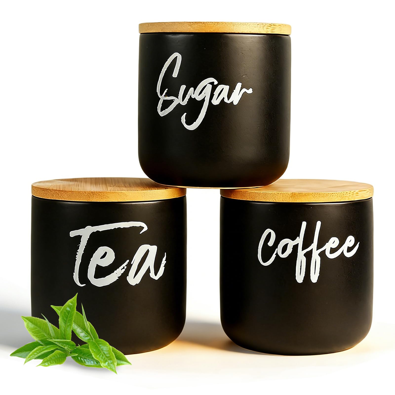 Meetoz Black Tea Coffee Sugar Canisters, Set Of 3 Ceramic Containers, 500Ml Ceramic Storage Jars With Airtight Bamboo Lids, Kitchen Canisters, For Home Kitchen Food Storage,