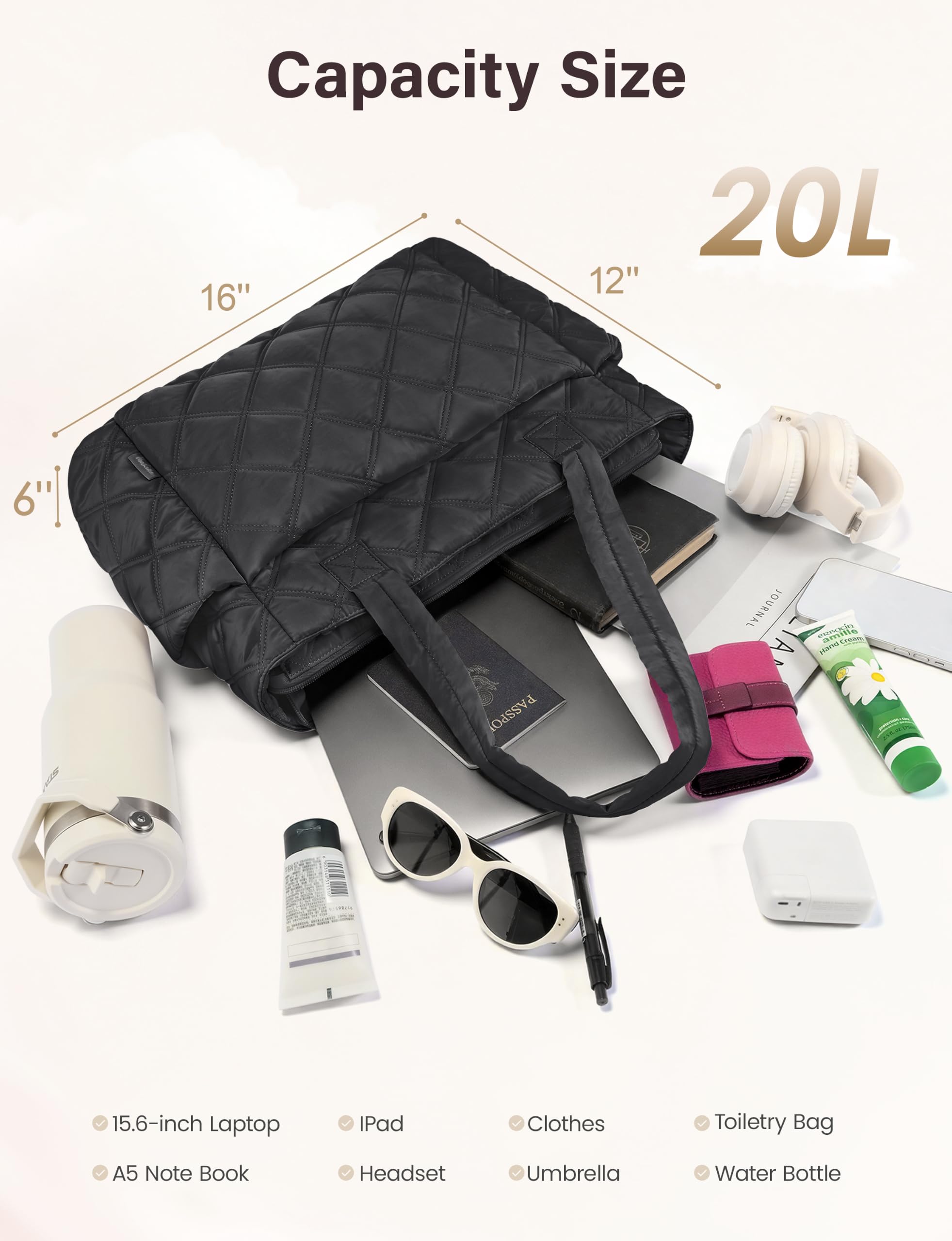Uselike Bolsa de mano para mujer, ligera, acolchada, con compartimentos para viajes, bolsa de hombro acolchada con cremallera