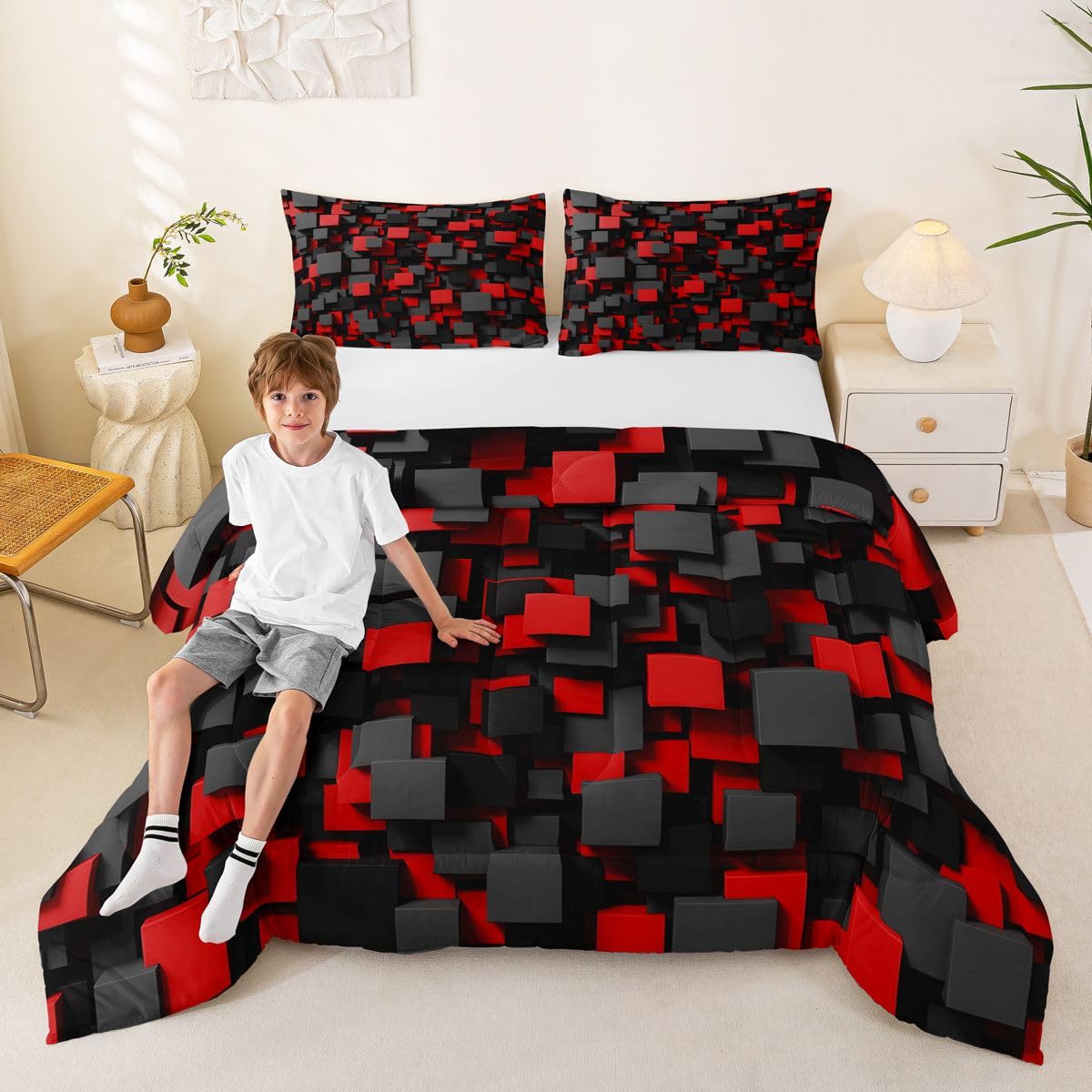 Homemissing Dzieci czerwony czarny zestaw pościeli king size geometryczna kołdra kołdra dla chłopców dziewcząt nastolatków sypialnia dekoracja abstrakcyjna nowoczesna oddychająca miękka mikrofibra