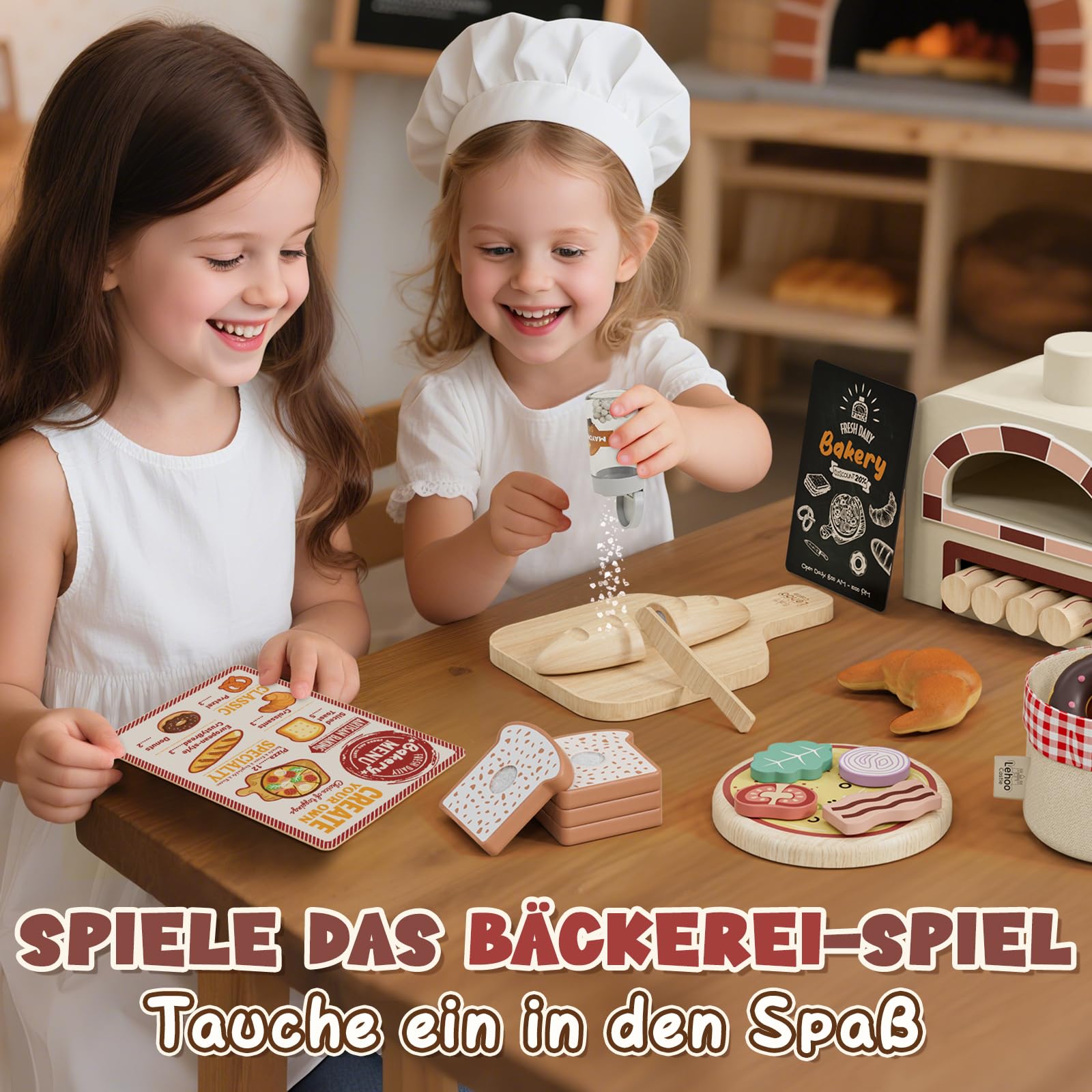 Lehoo Castle Kinderküche Zubehör Holz, Spielküche Zubehör, Pizza Kinderküche, Backset für Kinder, Rollenspiel-Geschenke Spielzeug ab 3 Jahre Mädchen