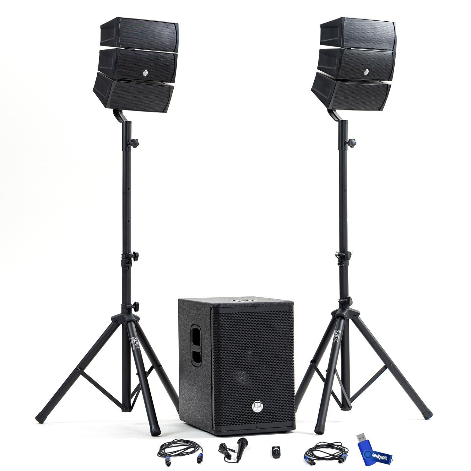 Pack Sonorisation DJ Complet BMBmsonic BMS-12-ARRAY-BT 1000W, Enceintes Satellites, Caisson de Barre USB/Bluetooth +Clé USB 32 Go