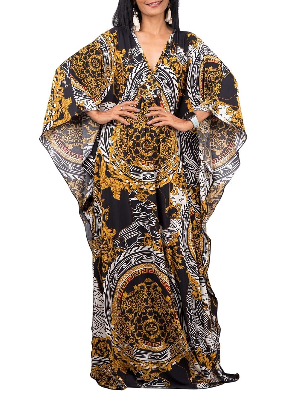 BsubseachWomen Print Beach Kaftan Dress Short Sleeve Plus Size Bathing Suit Cover Ups