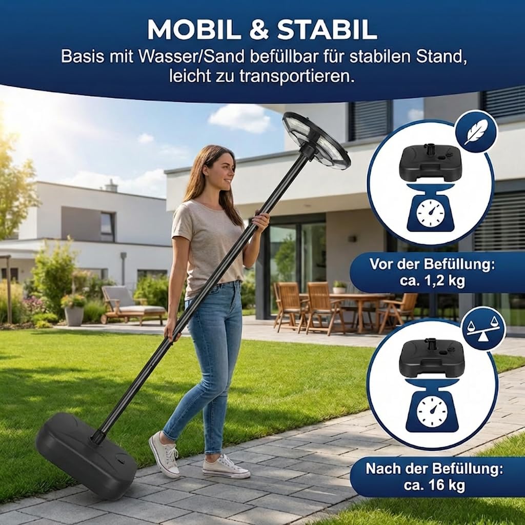 Solar Straßenlaterne Außen Stehend, Solarlampe für Garten mit Fuß und Lichtmast, 750 LED Solarstraßenleuchte Bewegungsmelder Lichtsensor, 6500K für Garten, Hof, Weg, Terrasse - H200cm