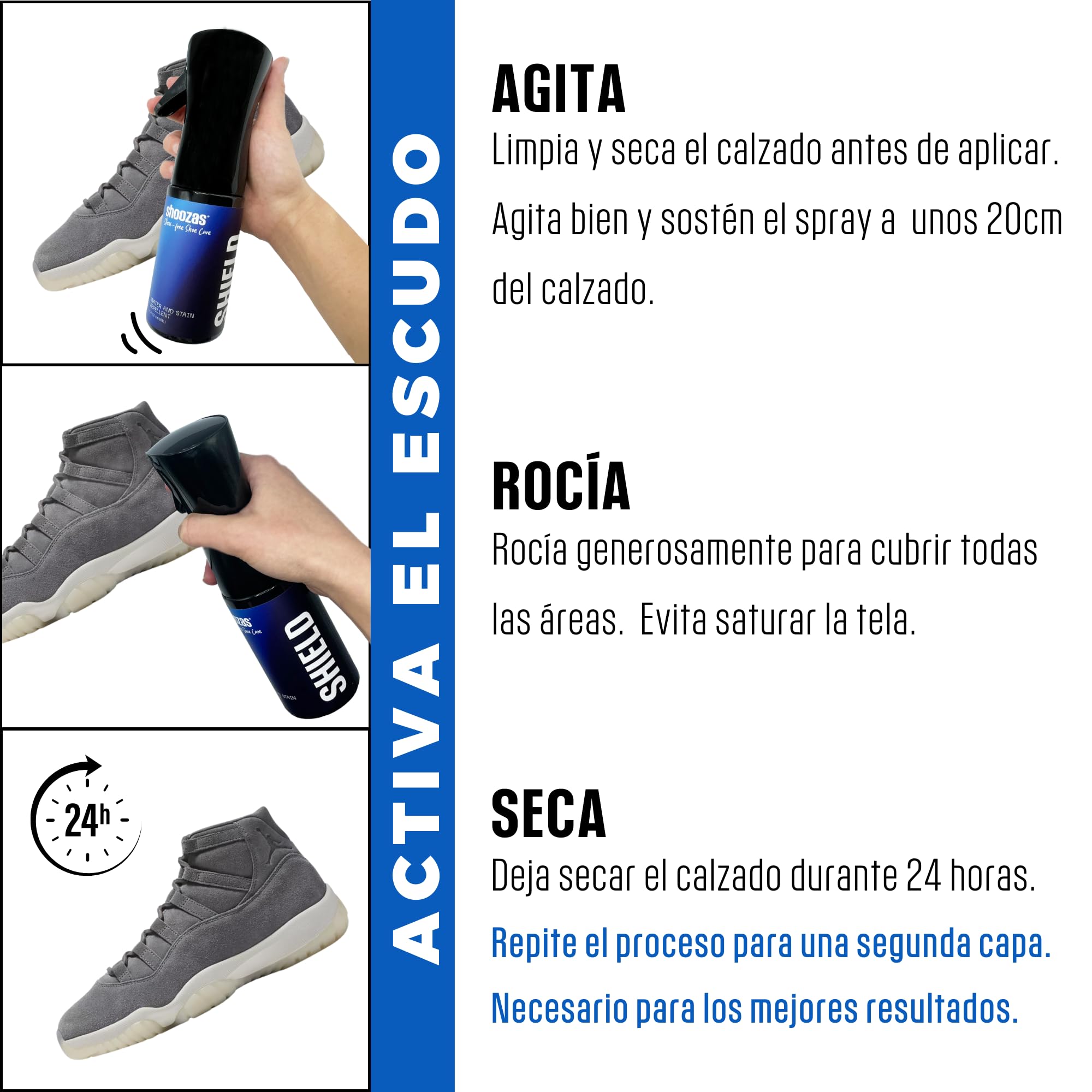 Shoozas - Spray Protector de Zapatillas - Impermeabilizante de Calzado - Repelente de Agua y Manchas - Fórmula Hidrofóbica - Sin Aerosoles ni Propulsores - Ideal para Gamuza, Nobuck, Lona y Nailon