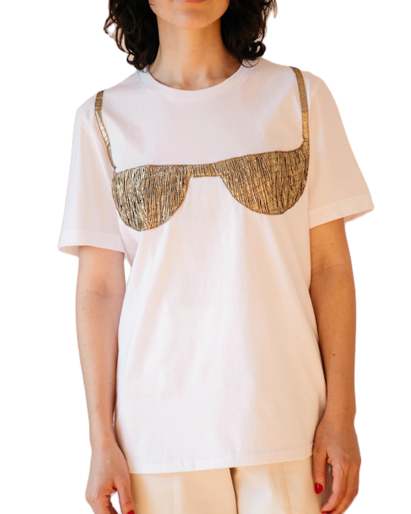 Women Y2k Smocked Bikini Bra Graphic T Shirt Short Sleeve Oversized Baby Tee Crewneck Aesthetic White Tee Top (B-Gold, L)