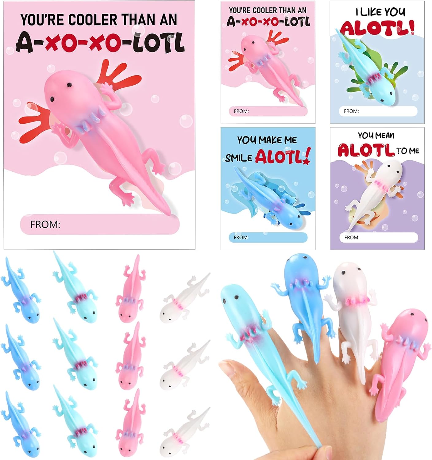 JellyArch 28 Pack Axolotl Party Favors for Kids End of School Gifts Axolotl Rubber Toy Bulk with Cards Finger Slingshot Toys for Student Classroom Birthday Rewards Prizes Decorations